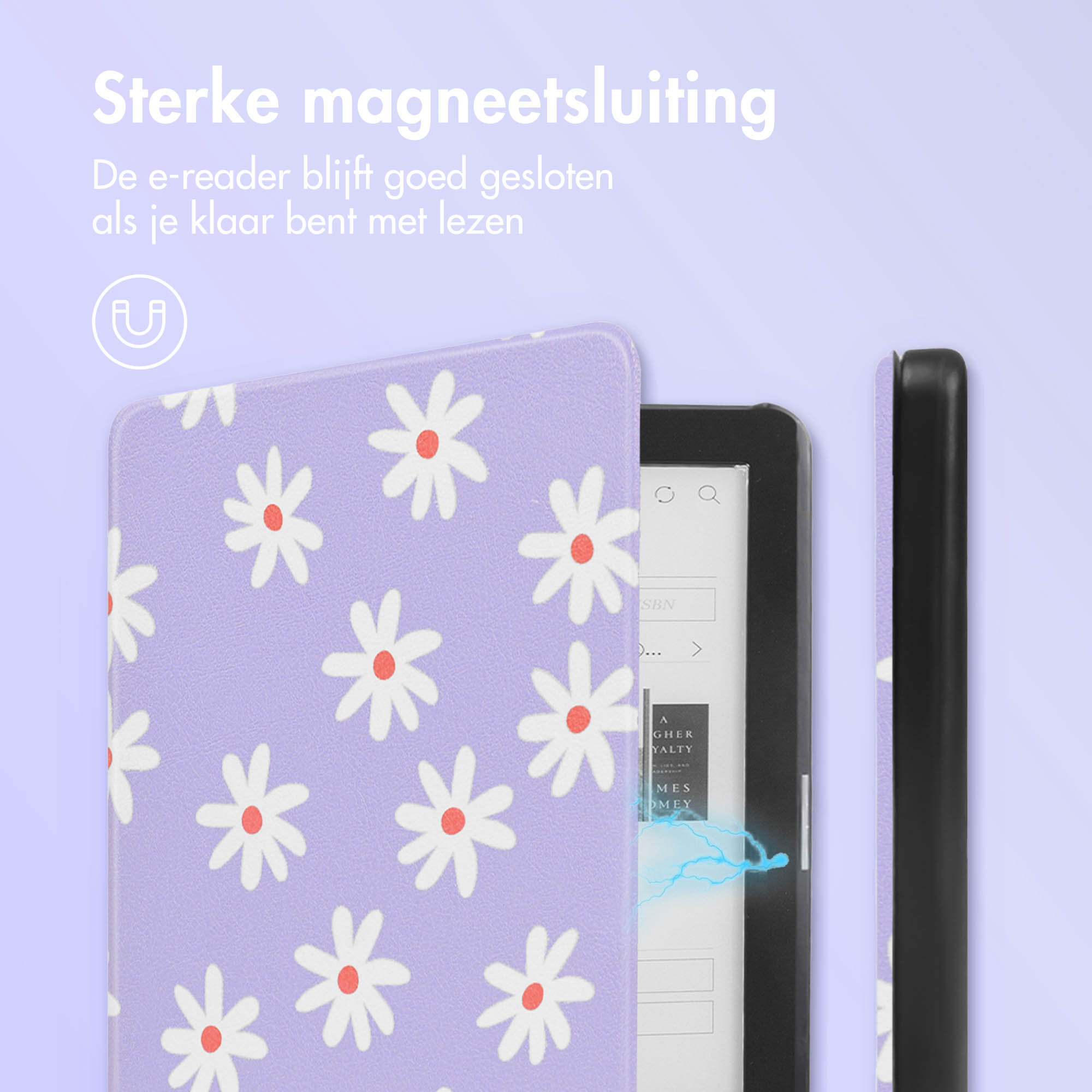 Purple case with daisy pattern and e-reader with magnetic closure.