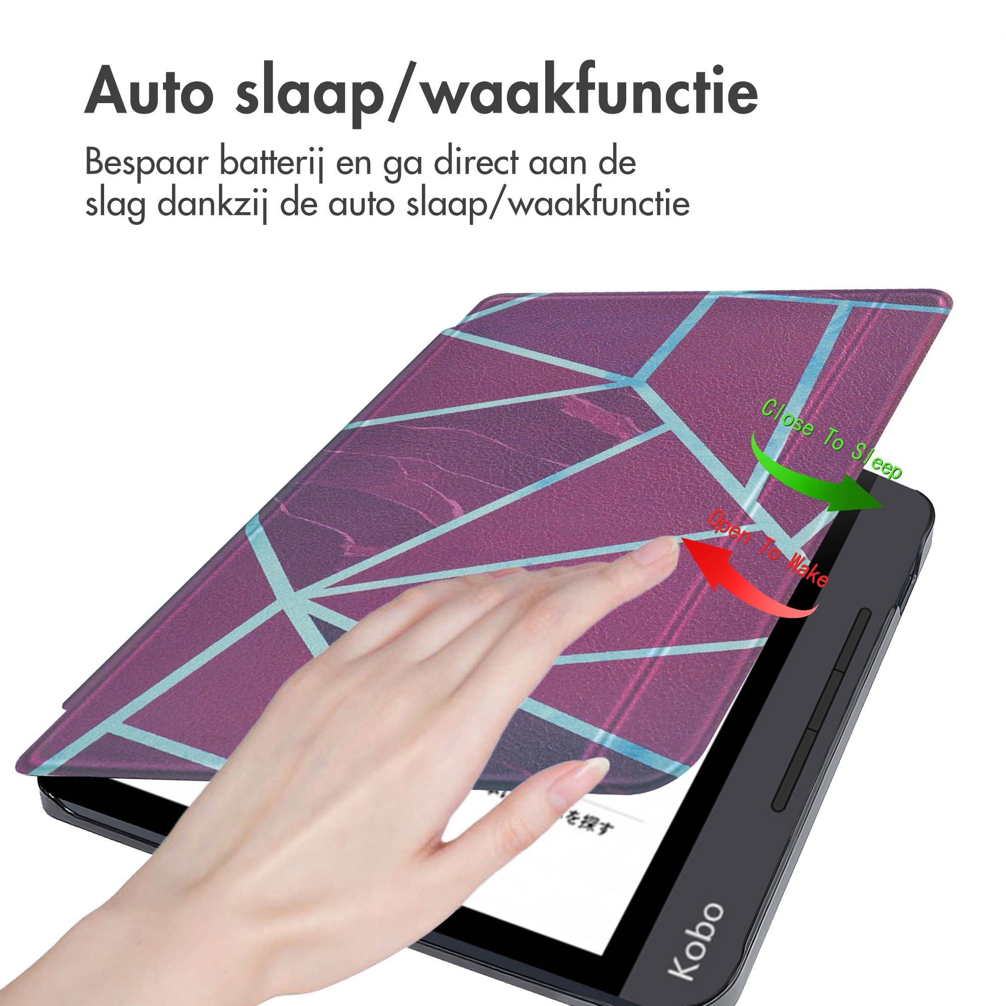 E-reader met paarse geometrische hoes. Een hand wijst naar het scherm. Pijlen tonen de slaap/wake-functie.