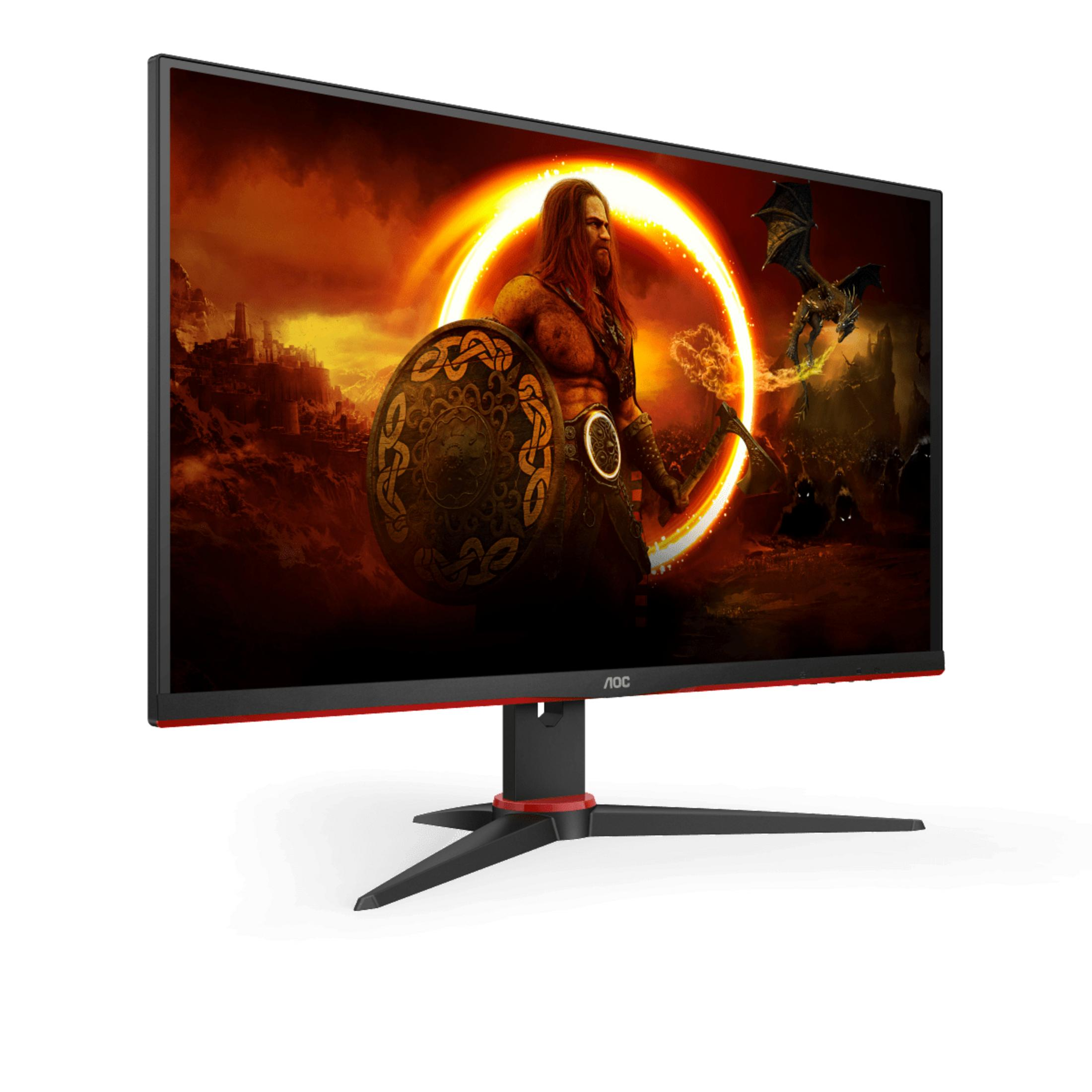 Monitor gaming con escena de juego. Diseño negro y rojo.