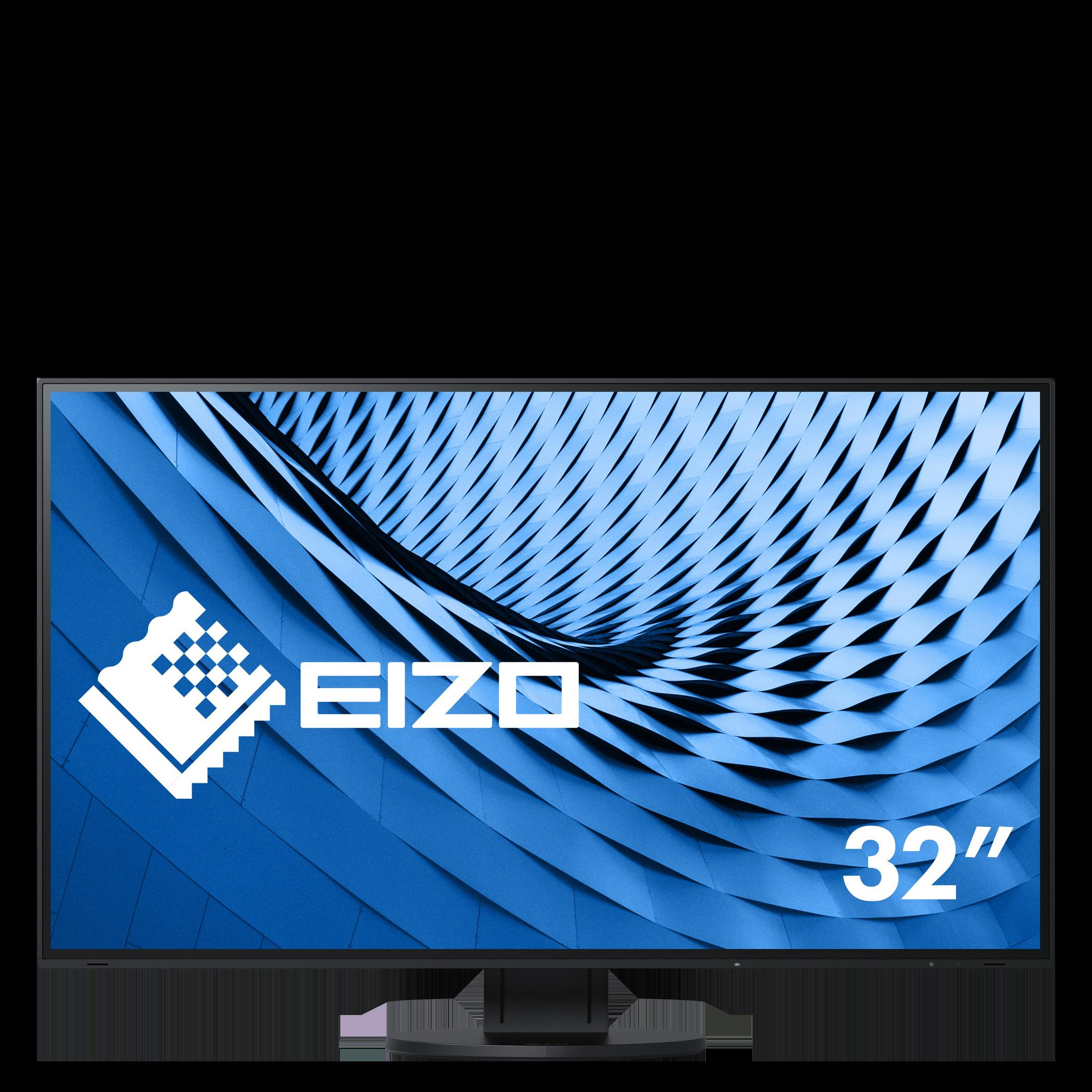 Duży monitor EIZO z niebieskim wzorzystym tłem i liczbą 32".