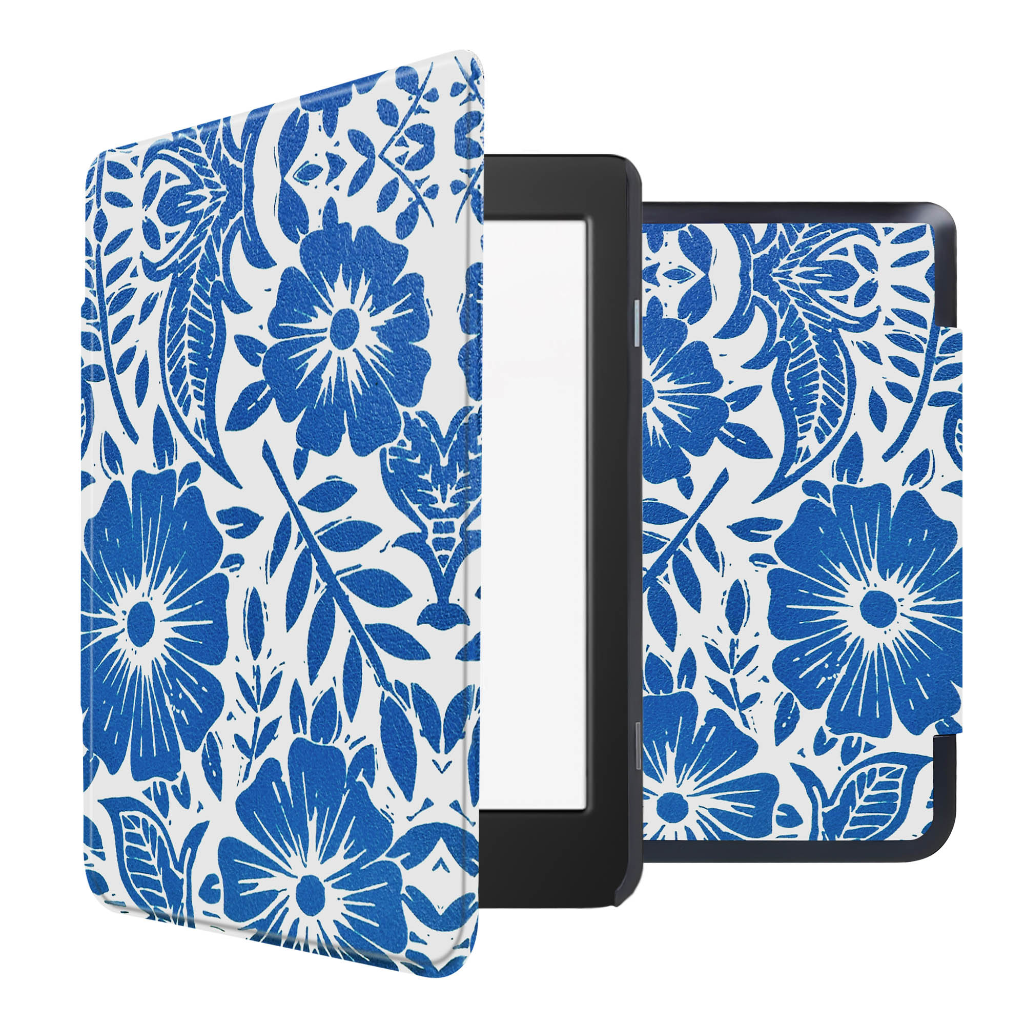 E-reader hoes open. Bloemenpatroon, blauw op wit. De e-reader is zichtbaar en open, met tekst op het scherm.
