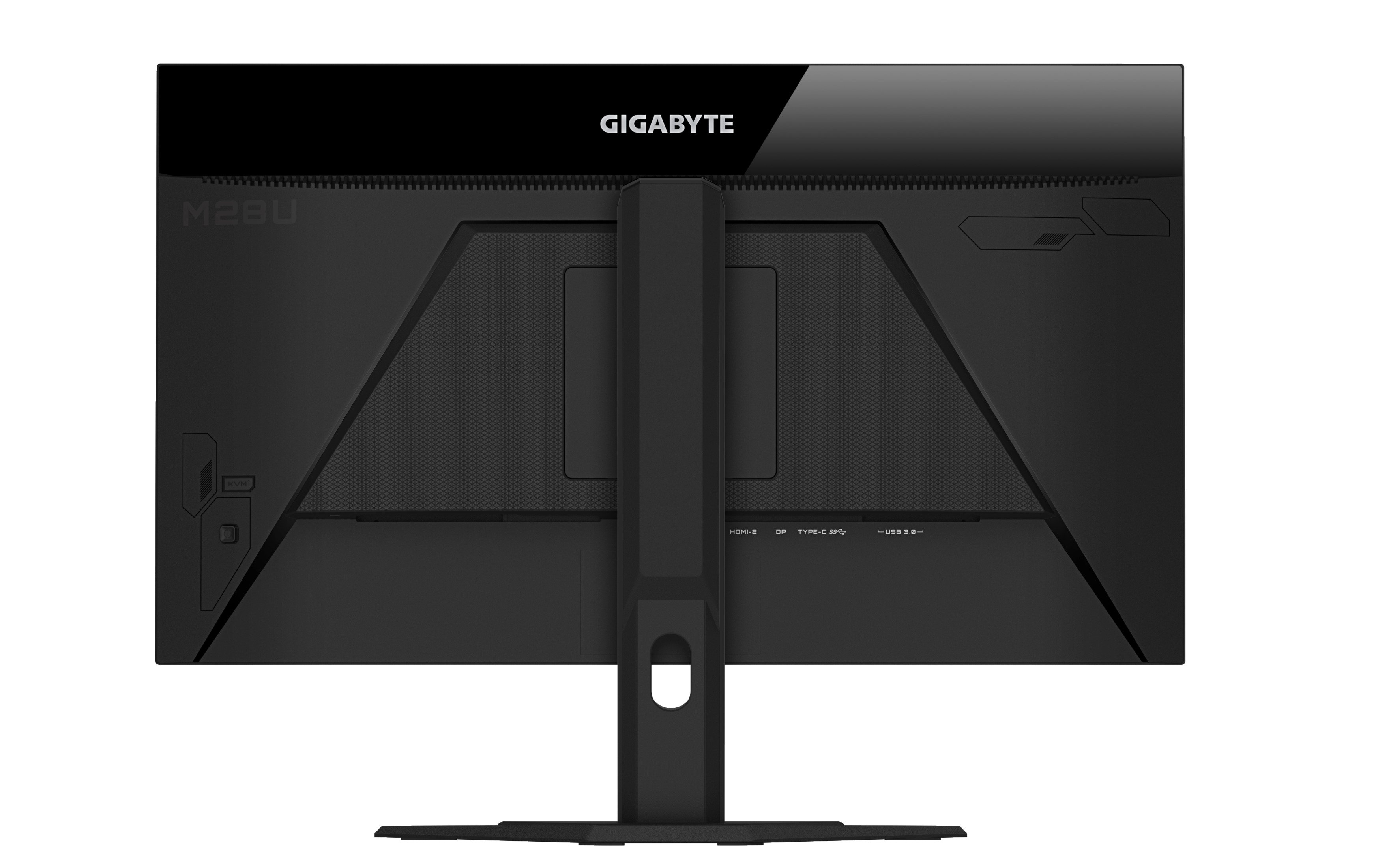 Rückseite eines schwarzen Computermonitors. Der Markenname ist GIGABYTE, in Weiß.