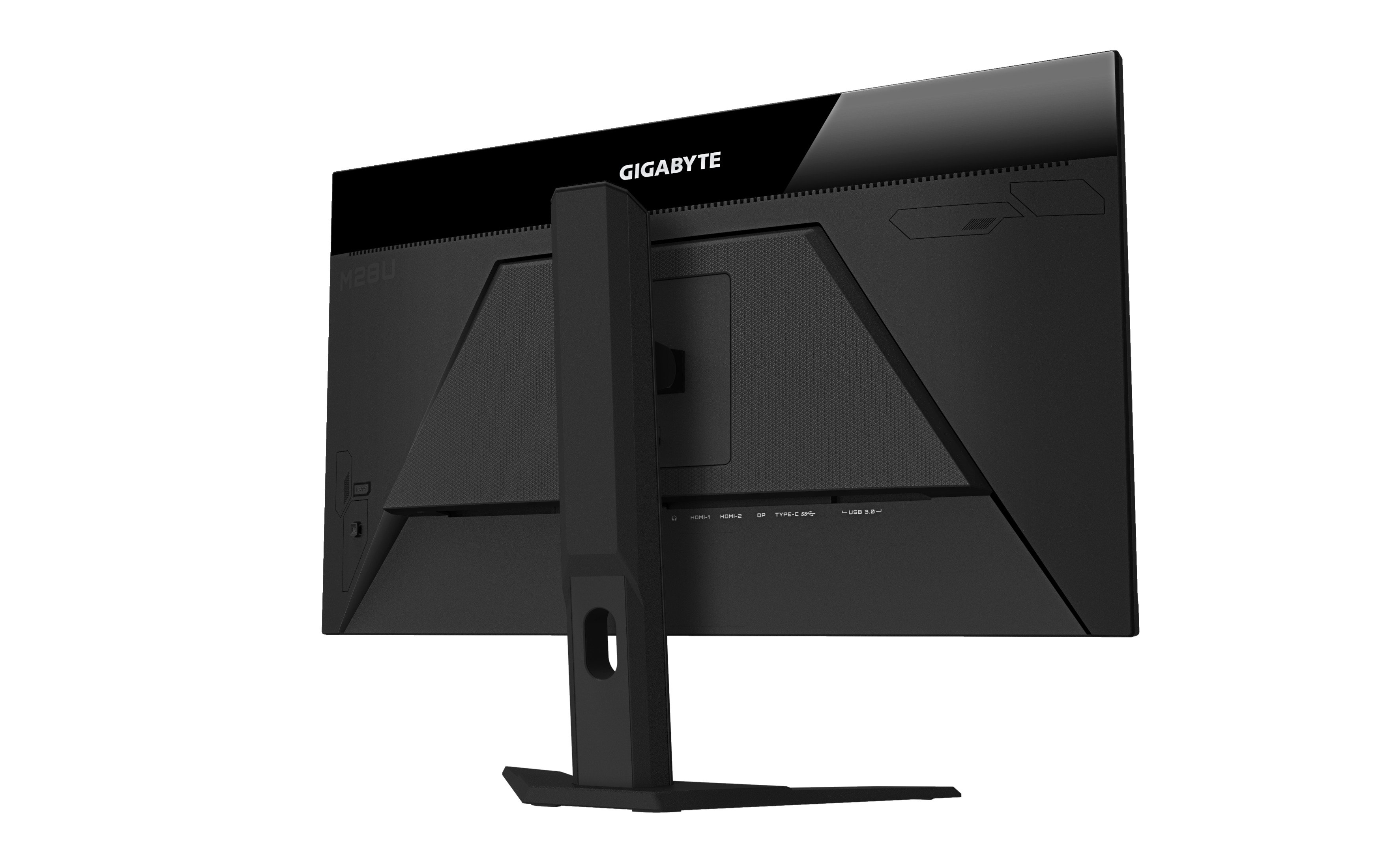 Rückansicht eines schwarzen Computermonitors. Er hat Anschlüsse, und der Markenname GIGABYTE ist oben sichtbar.
