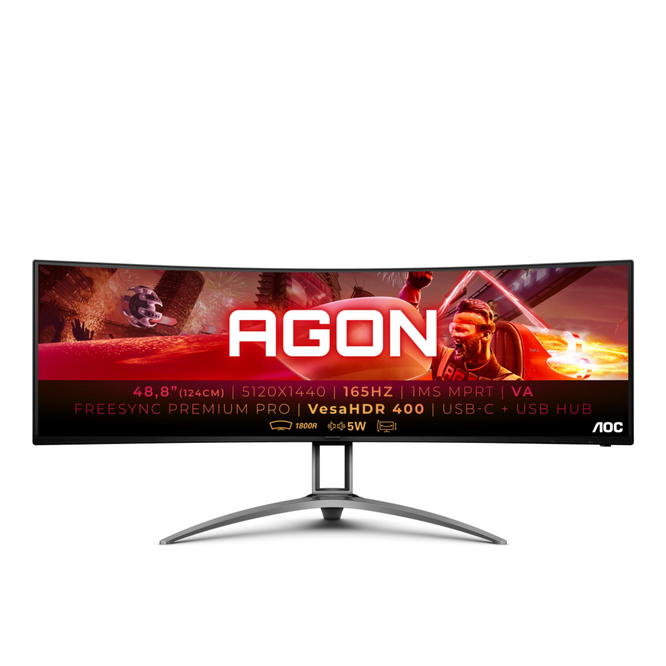 Un monitor curvo con la palabra AGON. Tiene un marco negro y un soporte plateado.