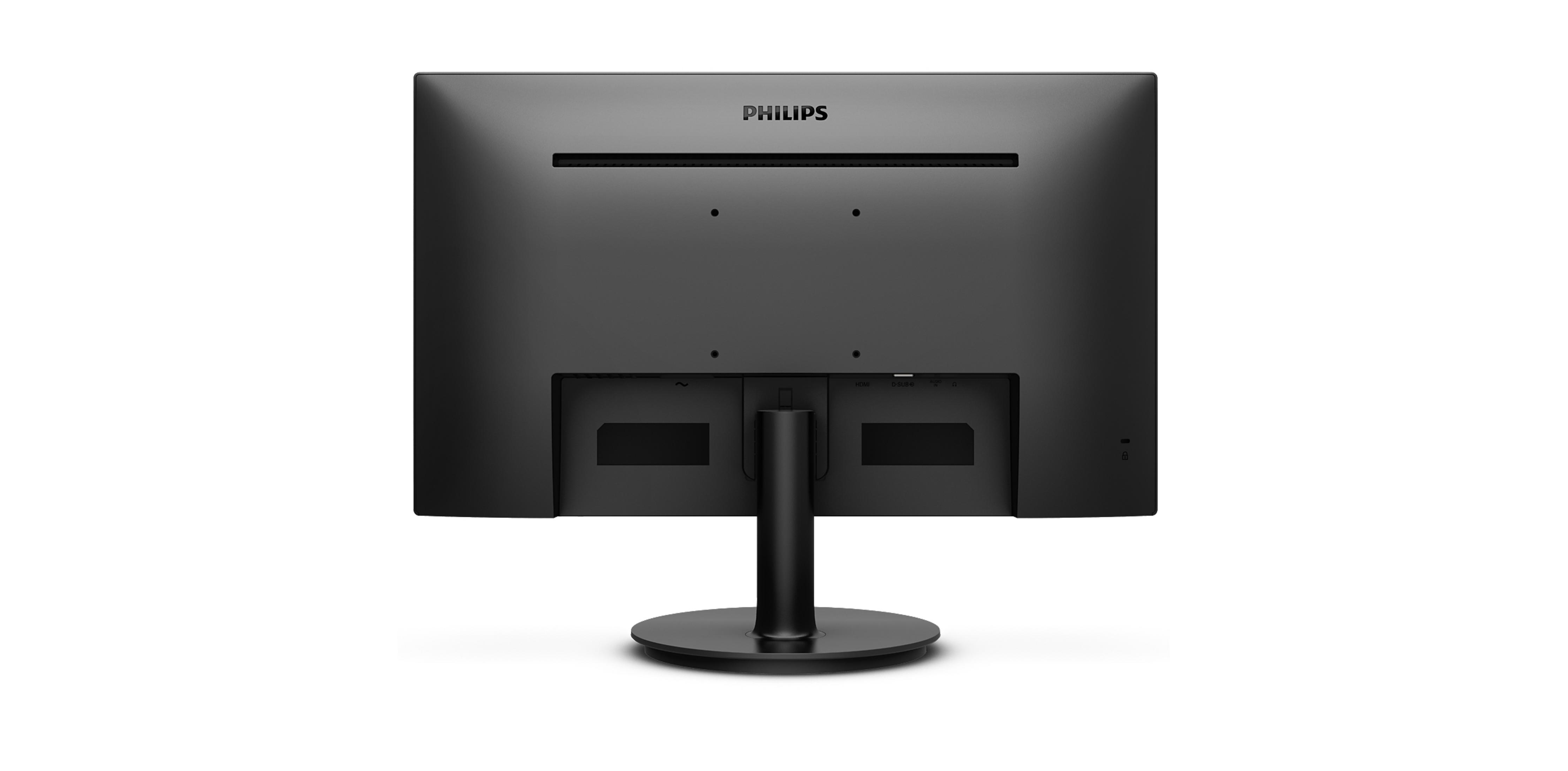 Retro di un monitor Philips nero con supporto. Porte visibili.
