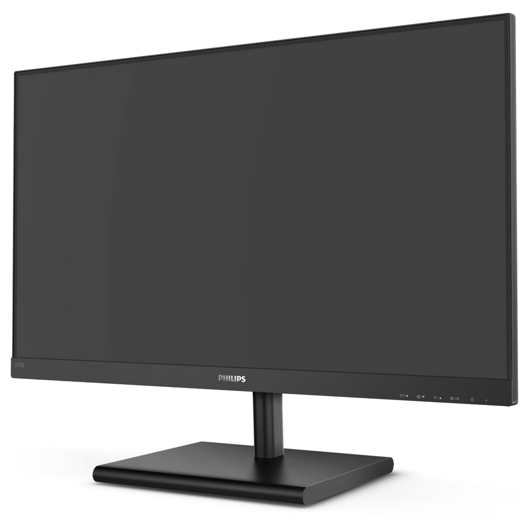 Un monitor Philips negro con soporte negro. La pantalla está oscura y en blanco.