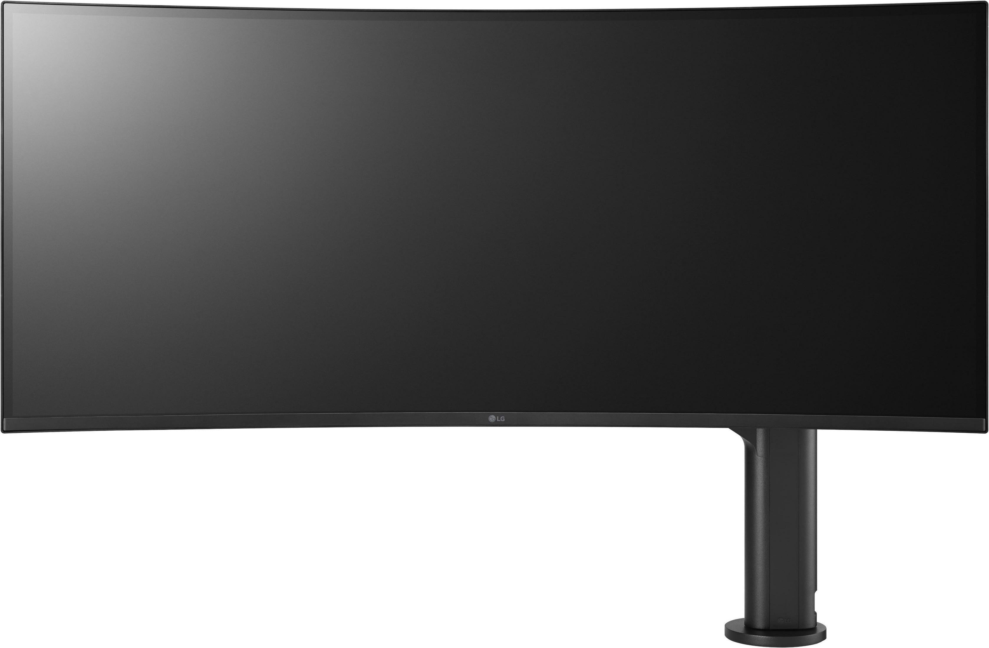 Monitor curvo con schermo nero, montato su un supporto con base rotonda.