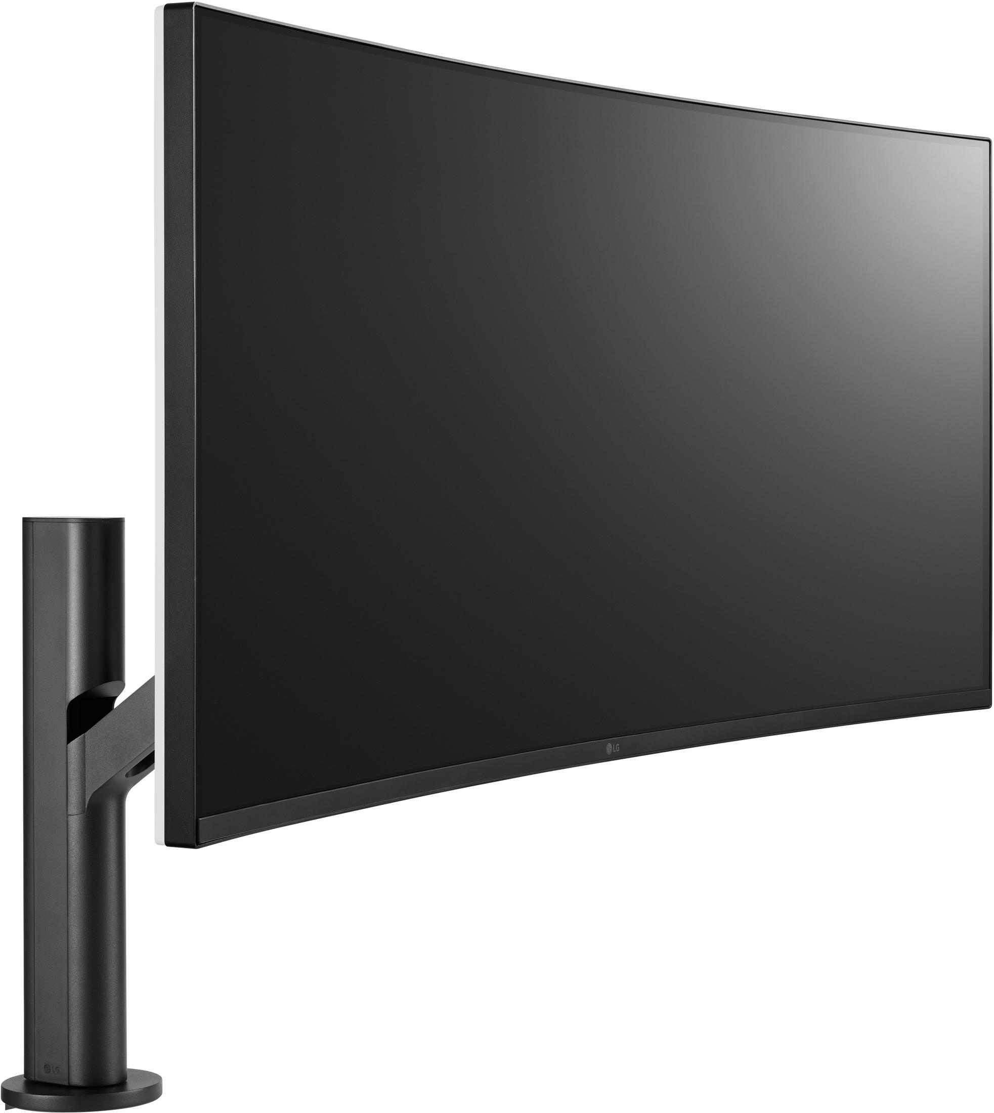 Monitor curvo nero con supporto nero. Monitor su sfondo bianco. Vista laterale.