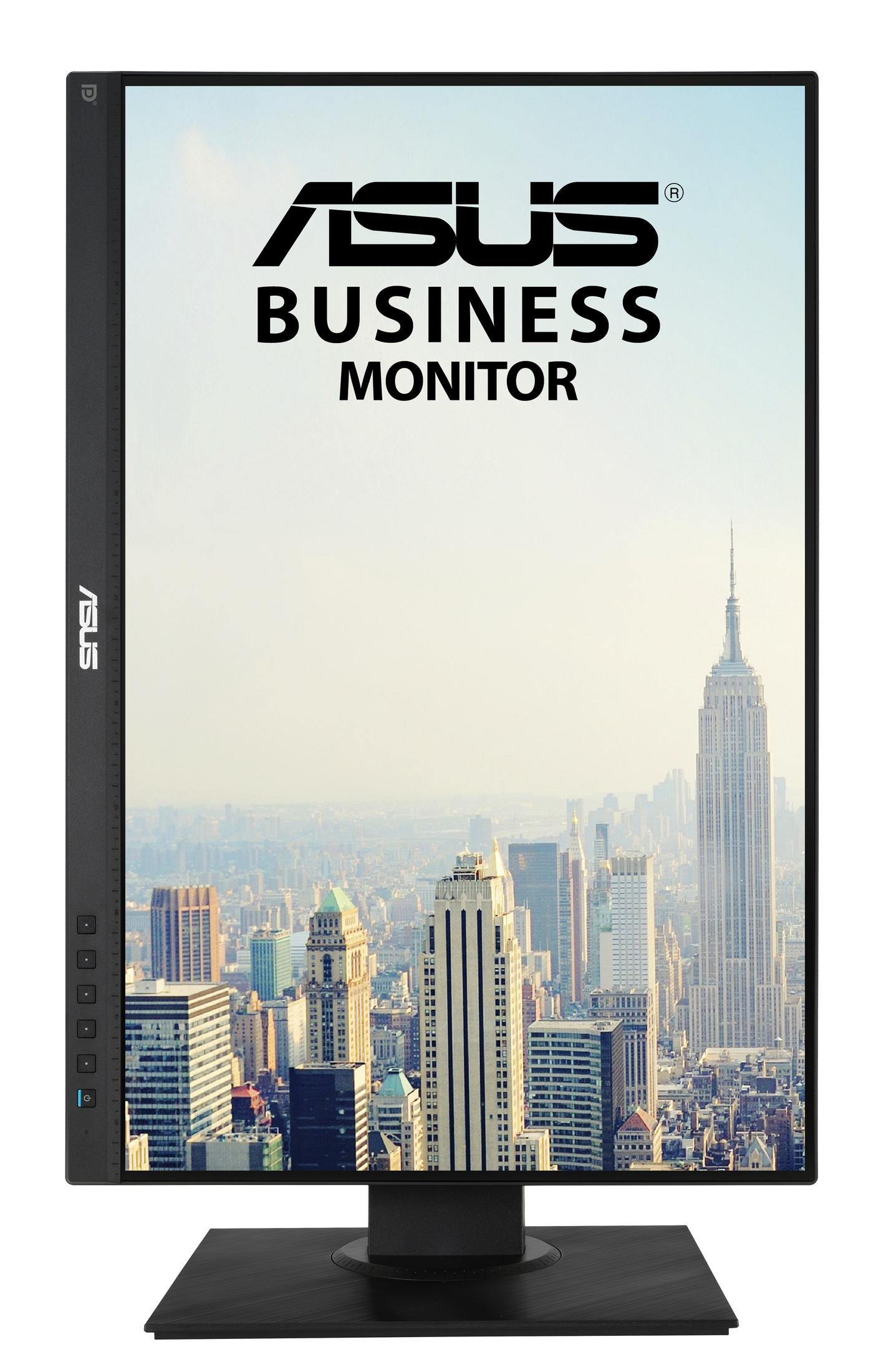 Moniteur ASUS Business affichant un paysage urbain. Moniteur noir avec support noir.
