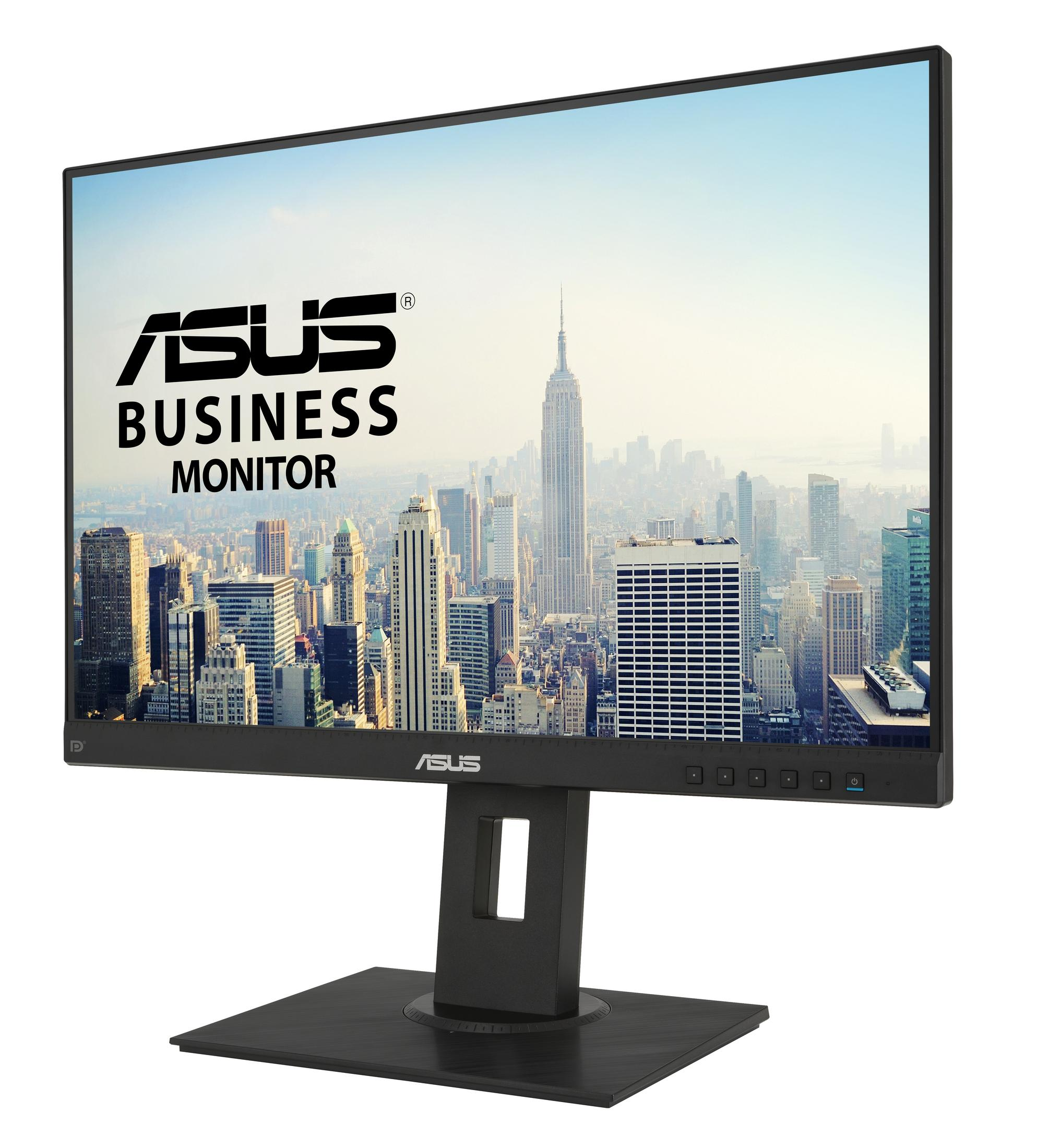 Moniteur ASUS Business affichant un paysage urbain avec gratte-ciel. Support noir.