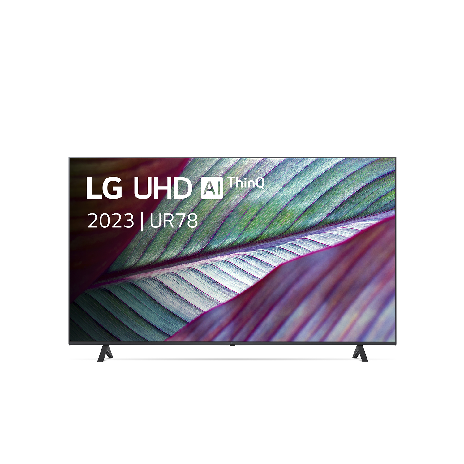 Een groot LG UHD AI ThinQ tv-scherm met een kleurrijk bladerontwerp. De achtergrond is zwart.