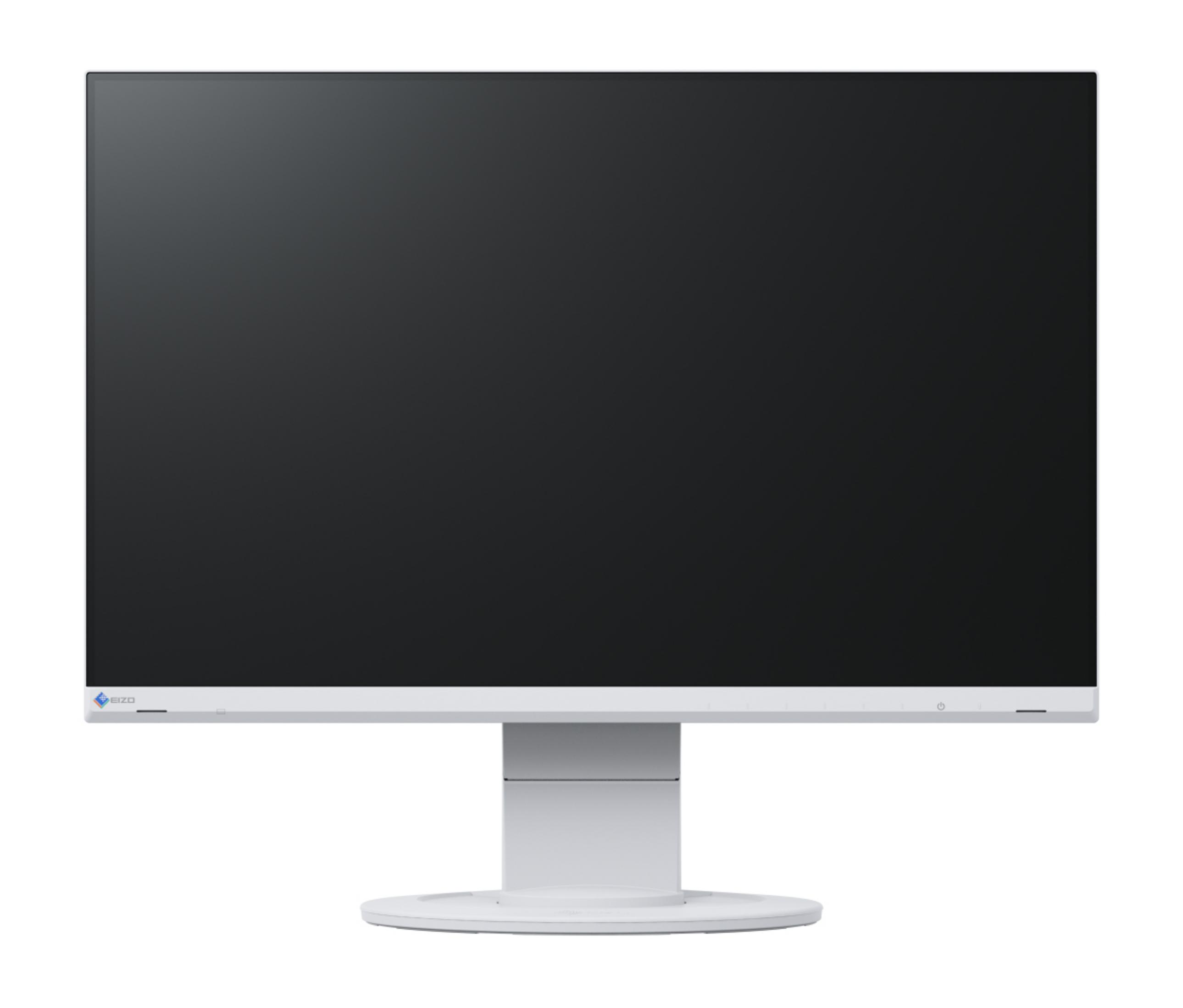 Weißer Computermonitor auf weißem Hintergrund. Der Bildschirm ist schwarz.