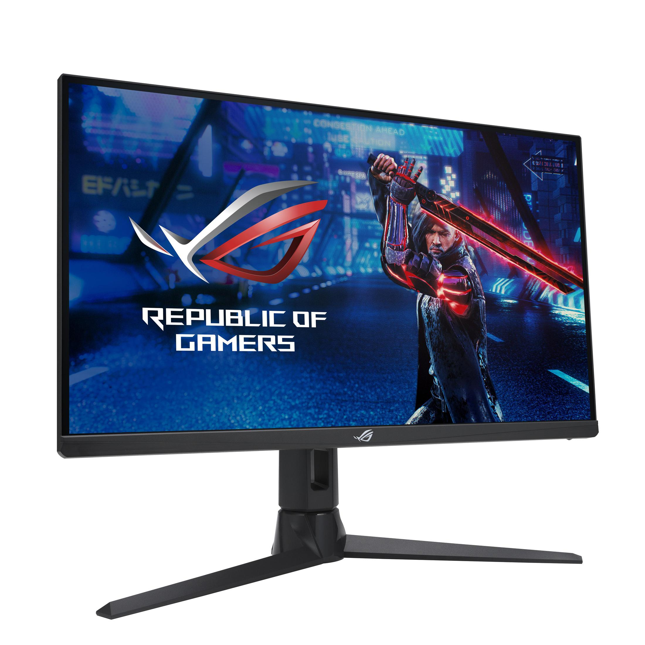 Een gaming monitor toont een actiescène. De monitor heeft een standaard en het ROG logo.