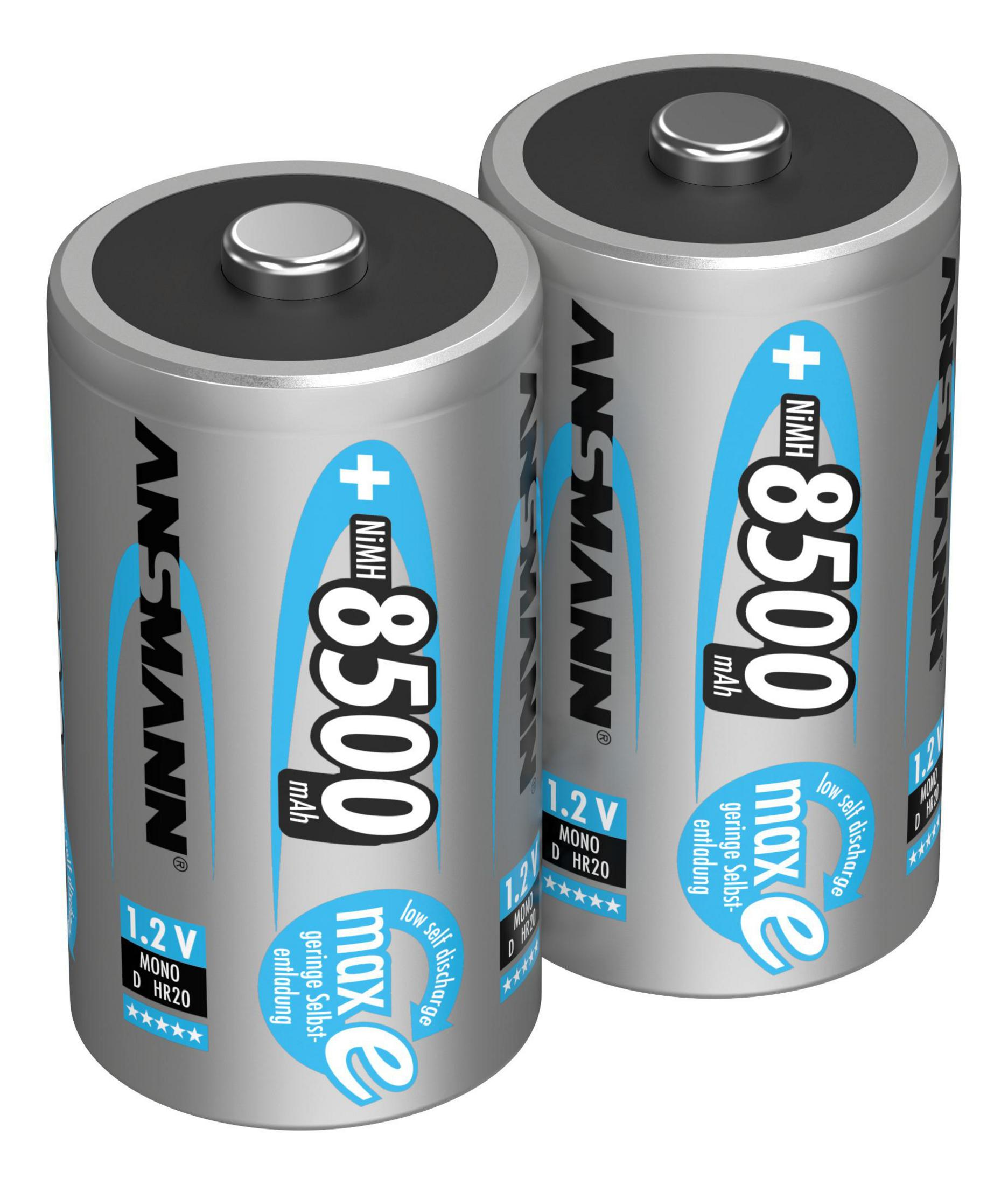 Due batterie argentate con la parte superiore nera. Ognuna ha un testo blu che recita "8500 mAh".