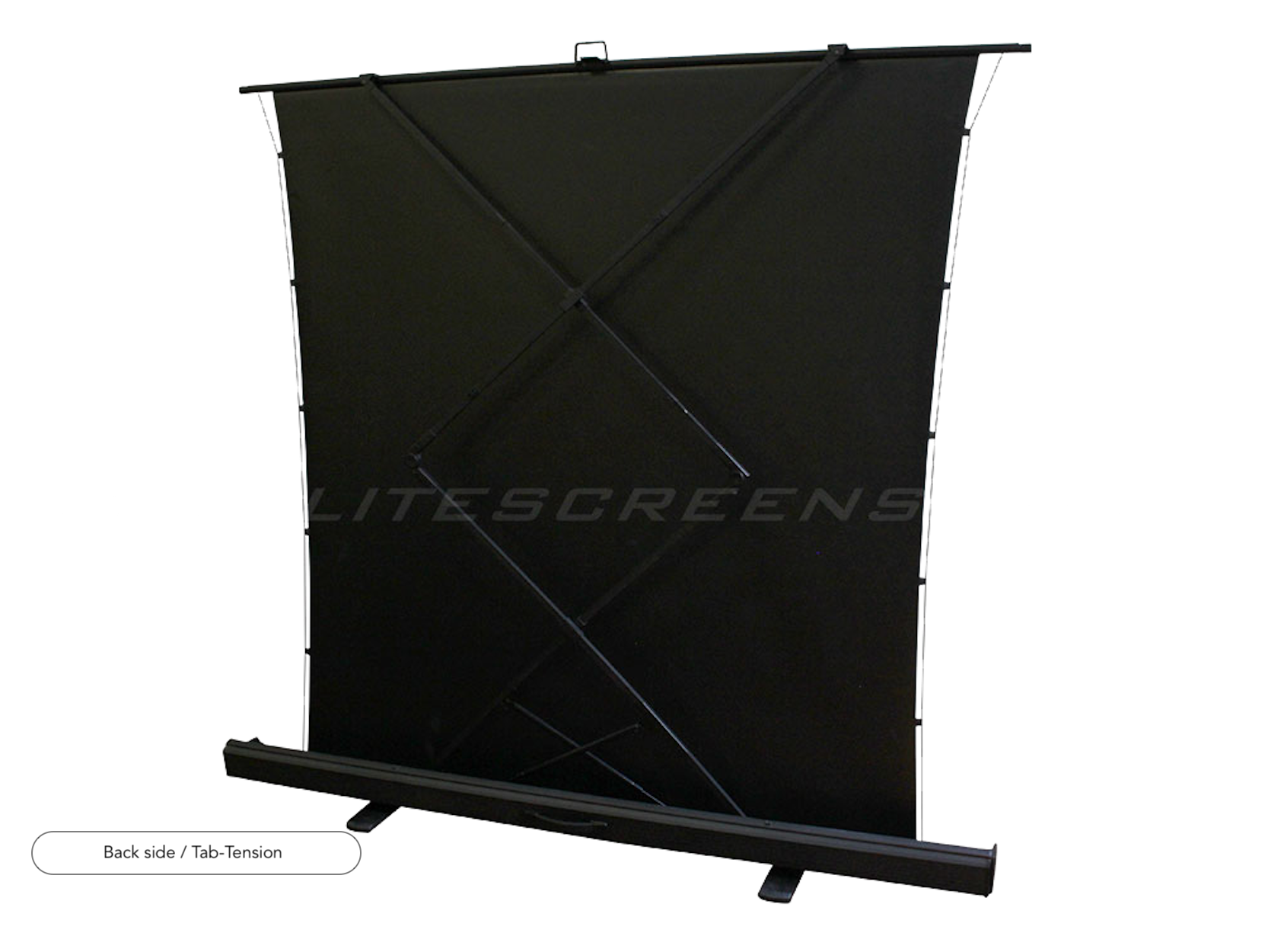 Schermo di proiezione portatile nero, con cornice nera. Il testo 'LITESCREENS' è visibile.