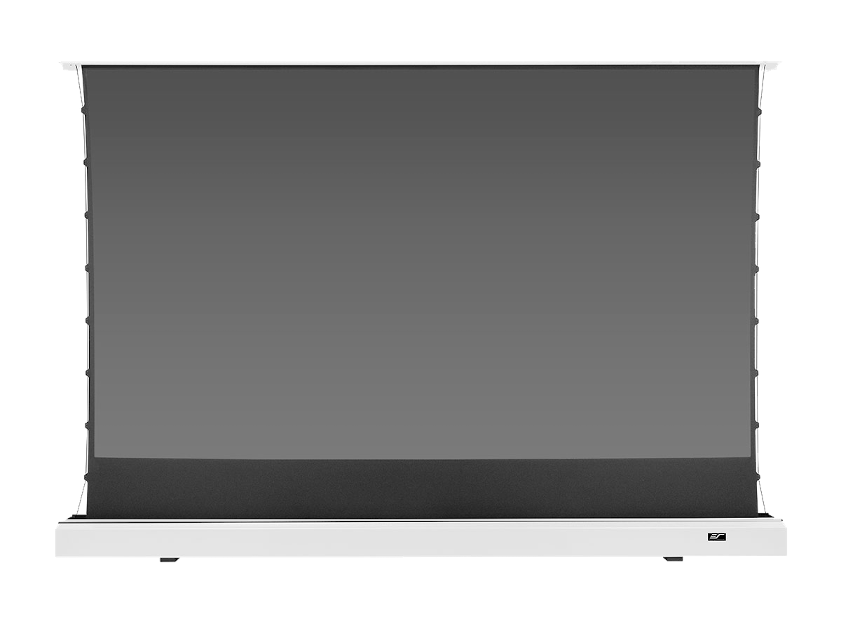 A gray projector screen is rolled down, showing its surface. A white base is at the bottom.