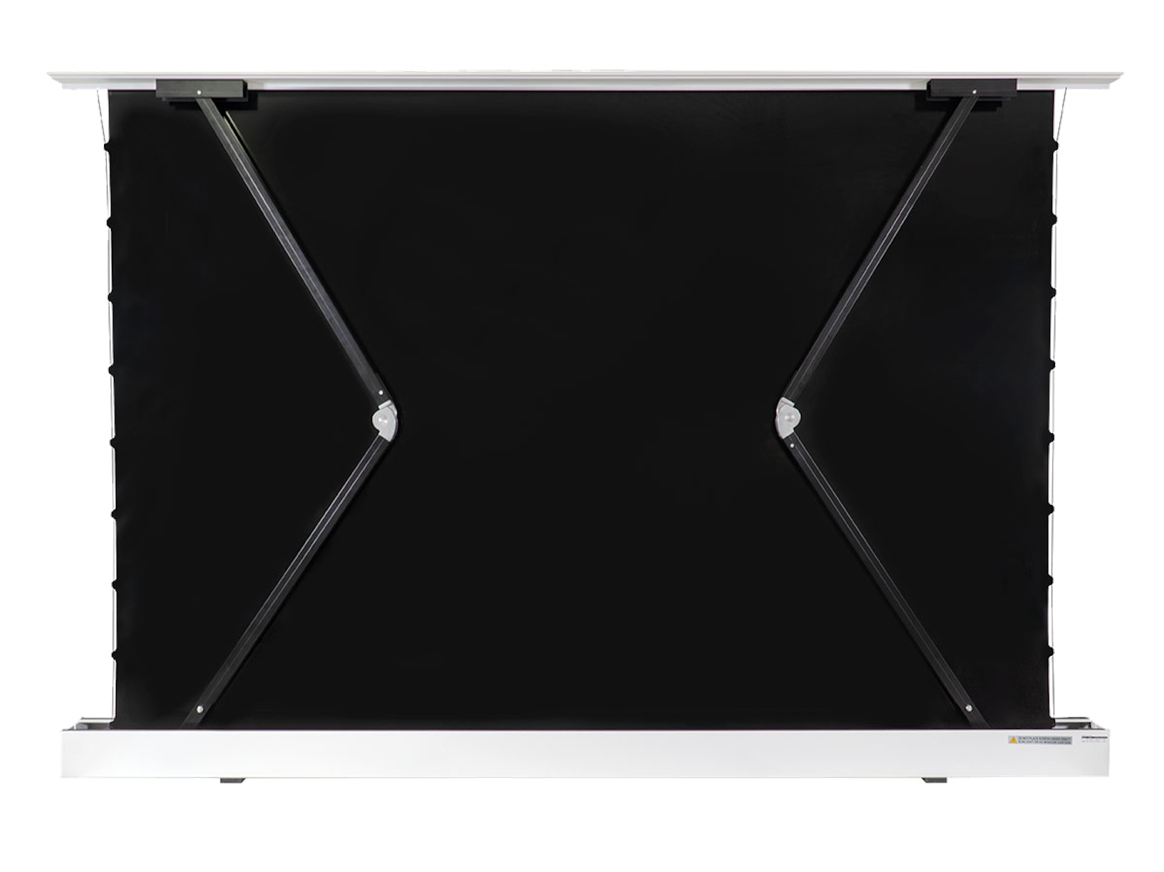Black projector screen with silver frame and support arms. White background.