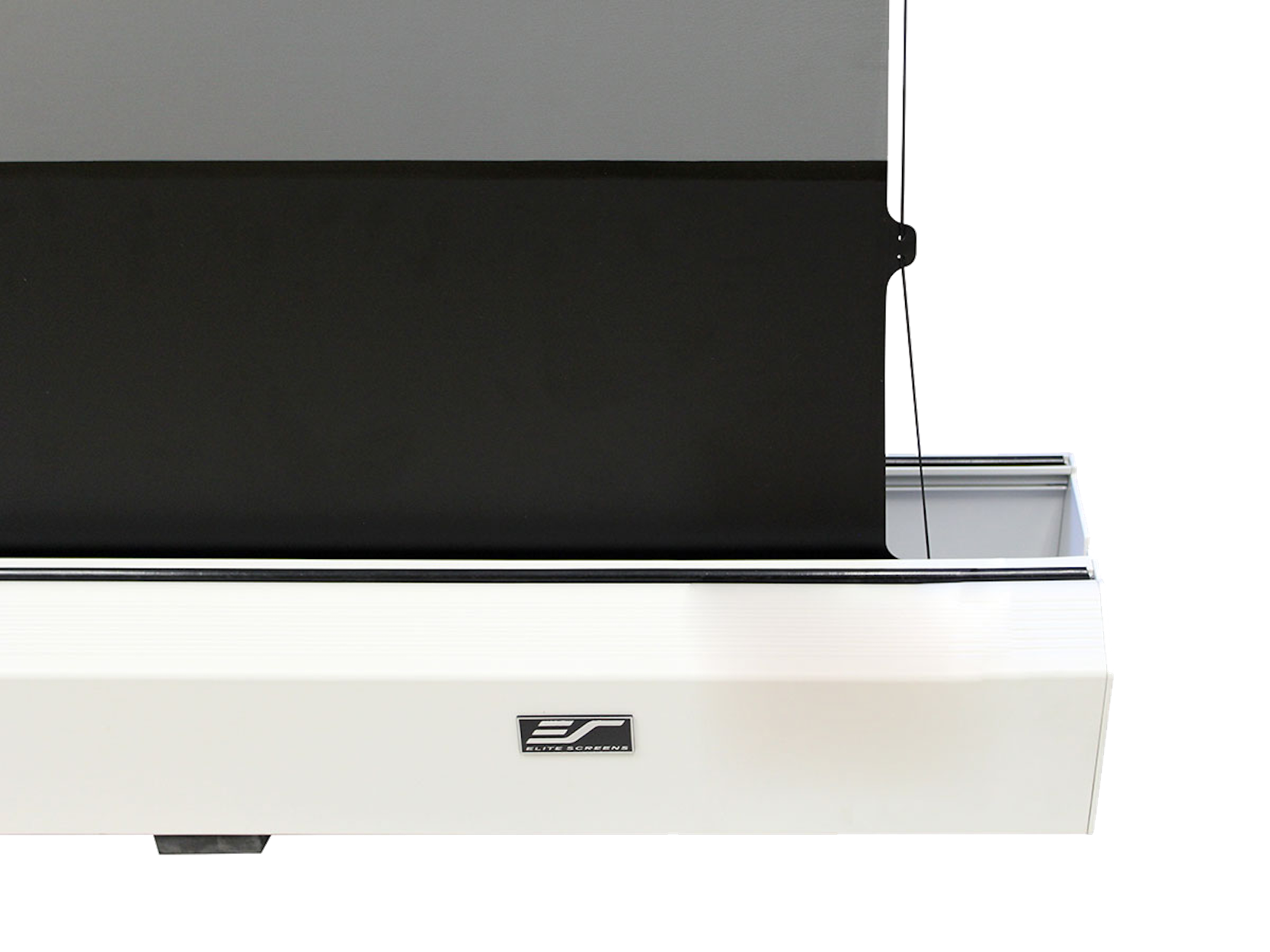 White projector screen housing with a black screen partially extended.