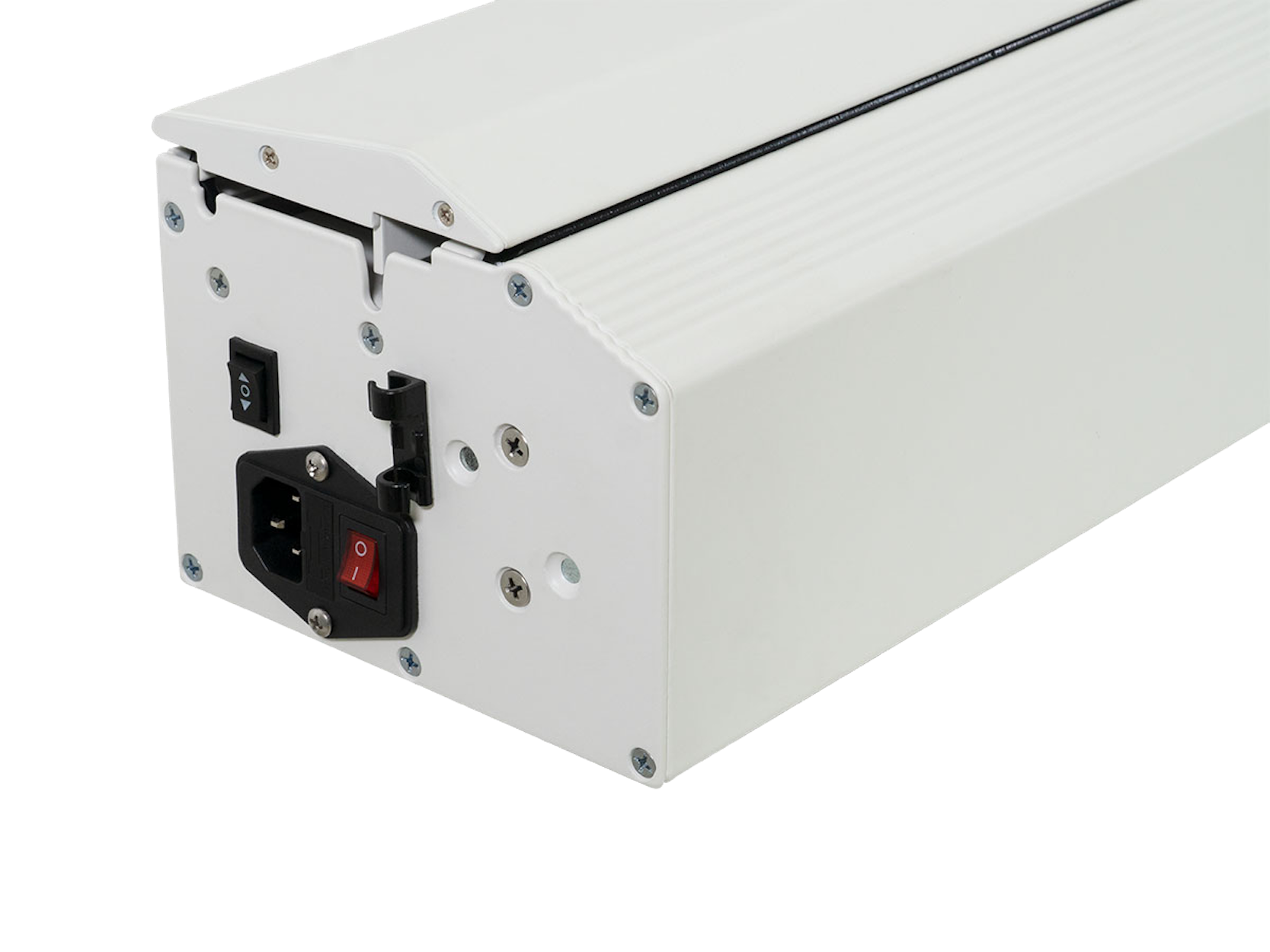 White rectangular object with power and switch ports. Screws secure the panels.