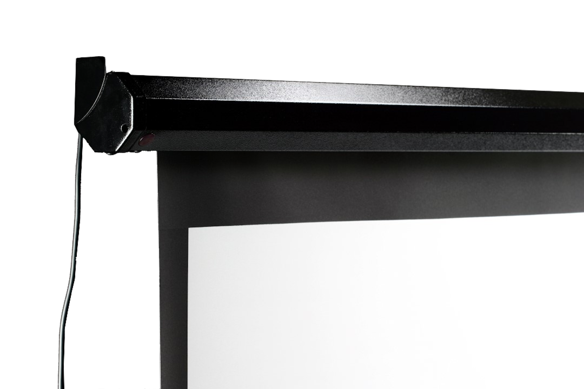 Schwarze Projektorleinwand mit schwarzem Gehäuse oben und weißer Leinwand.