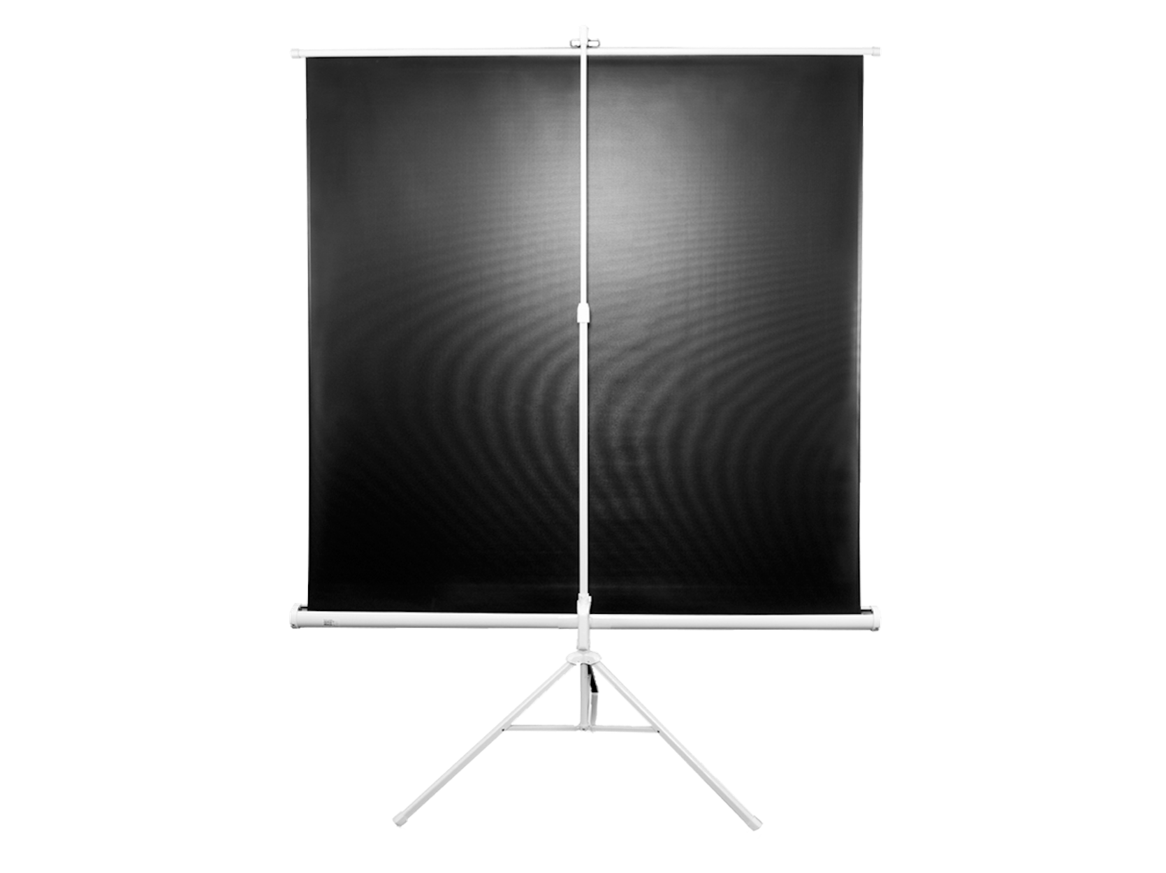 Projektionsleinwand auf einem Stativ. Schwarzer Bildschirm, weißer Rahmen, einfaches Design.