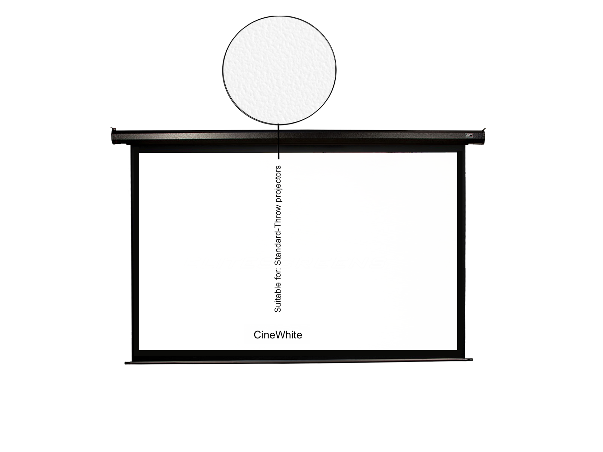Wit projectiescherm. Het heeft een zwart frame en de tekst luidt CineWhite.