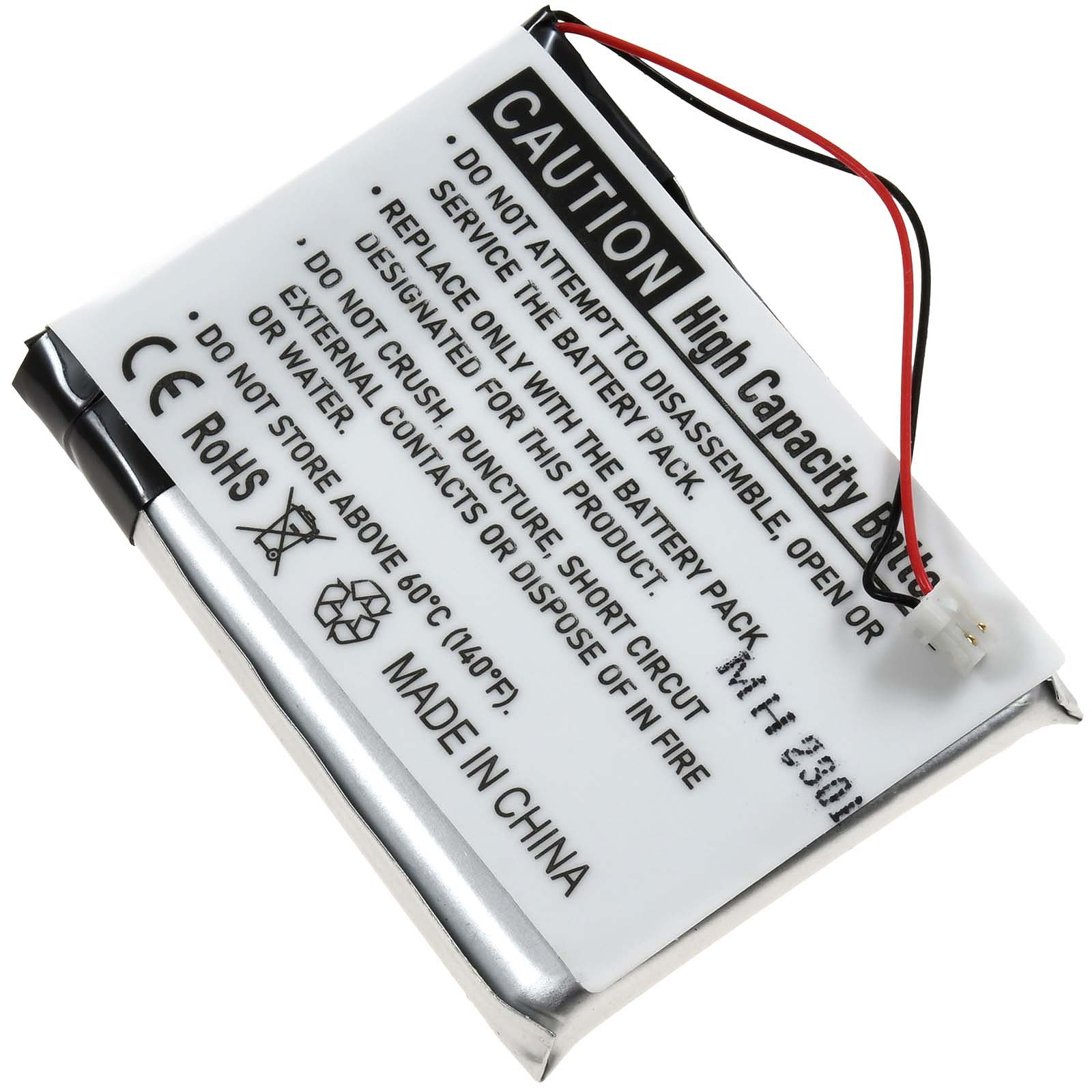 Paquete de baterías con etiqueta de advertencia. Tiene cables y el texto "Made in China".
