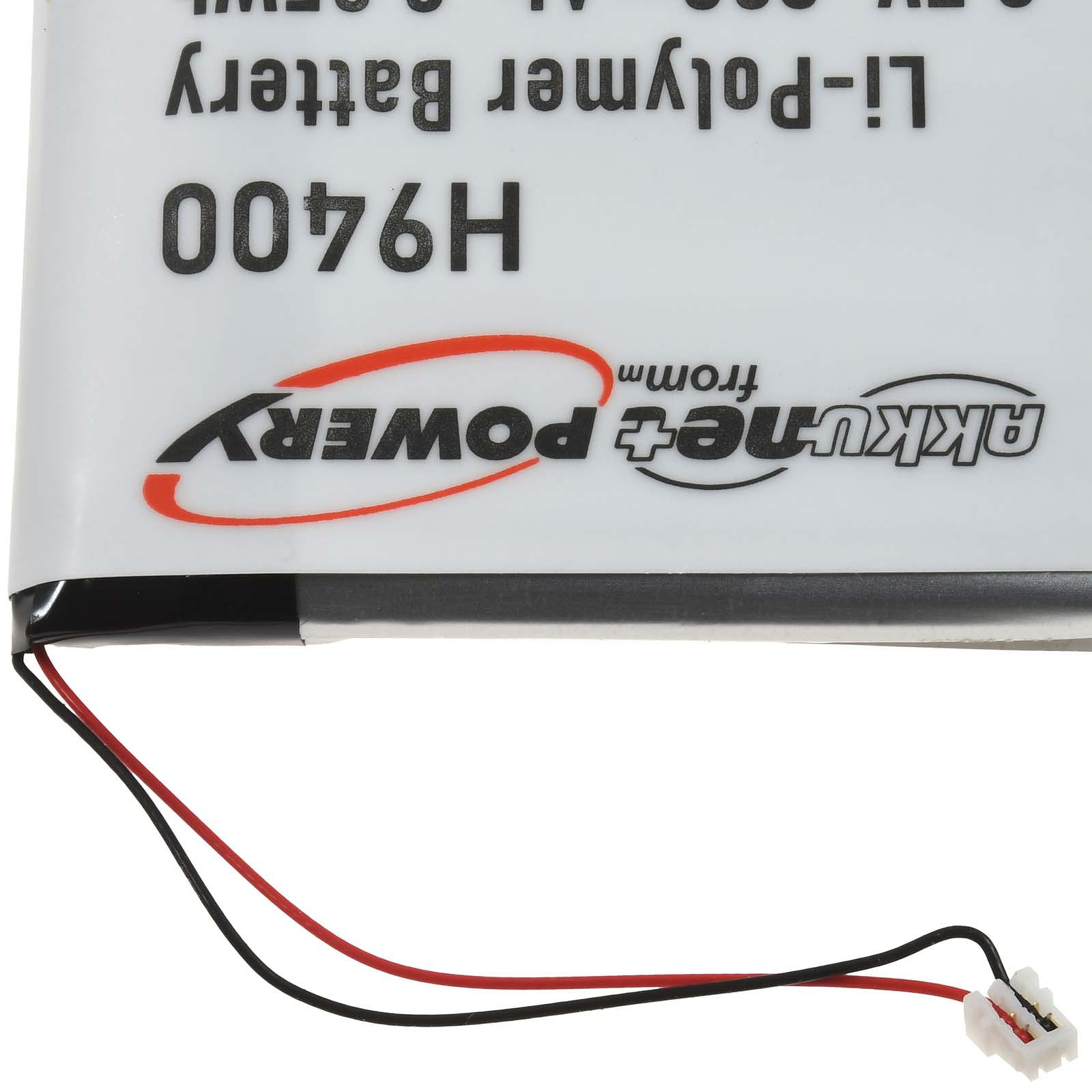 Batería de polímero de litio con cables y conector. El texto muestra el logotipo "H9400" y "akku+power". Fondo blanco.