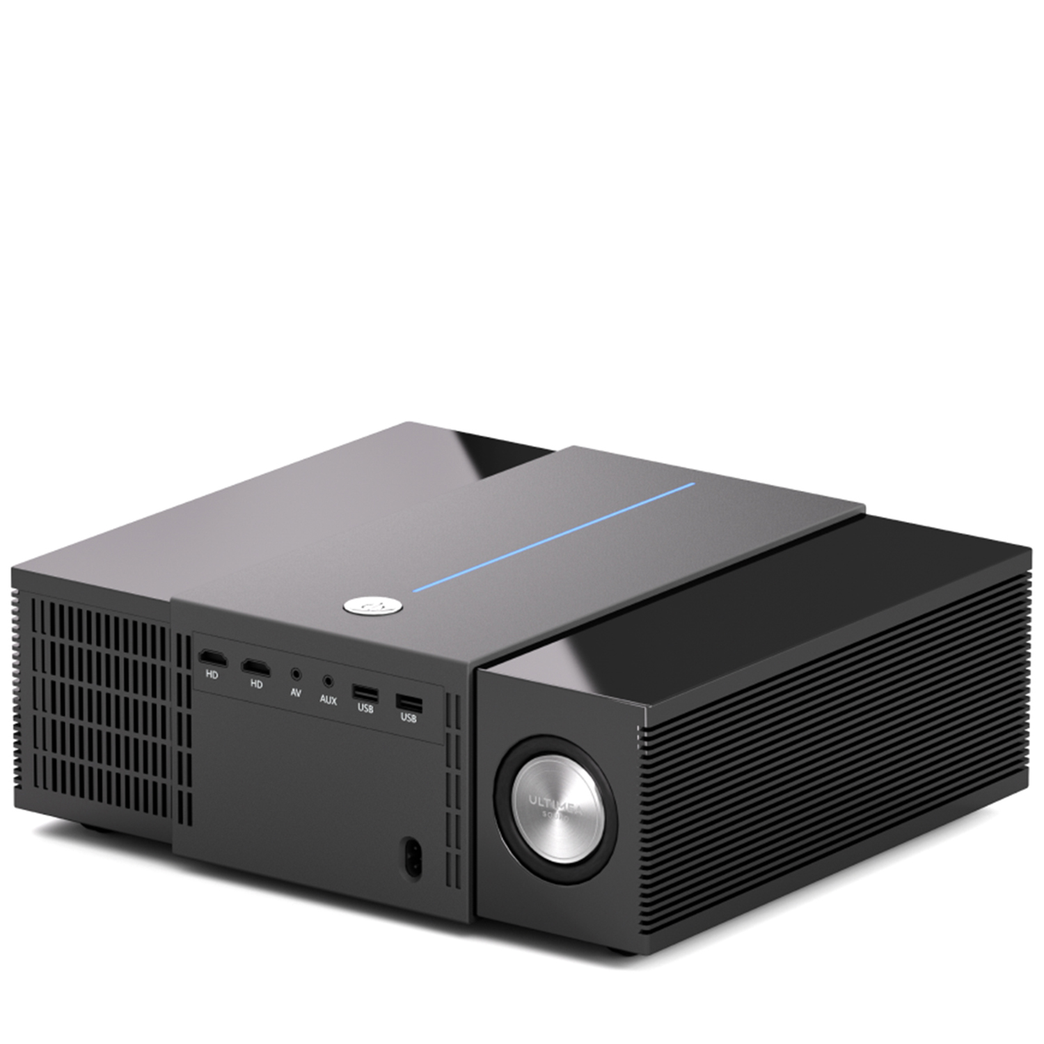 Czarny i szary projektor z widocznymi wejściami. U góry znajduje się niebieskie światło.