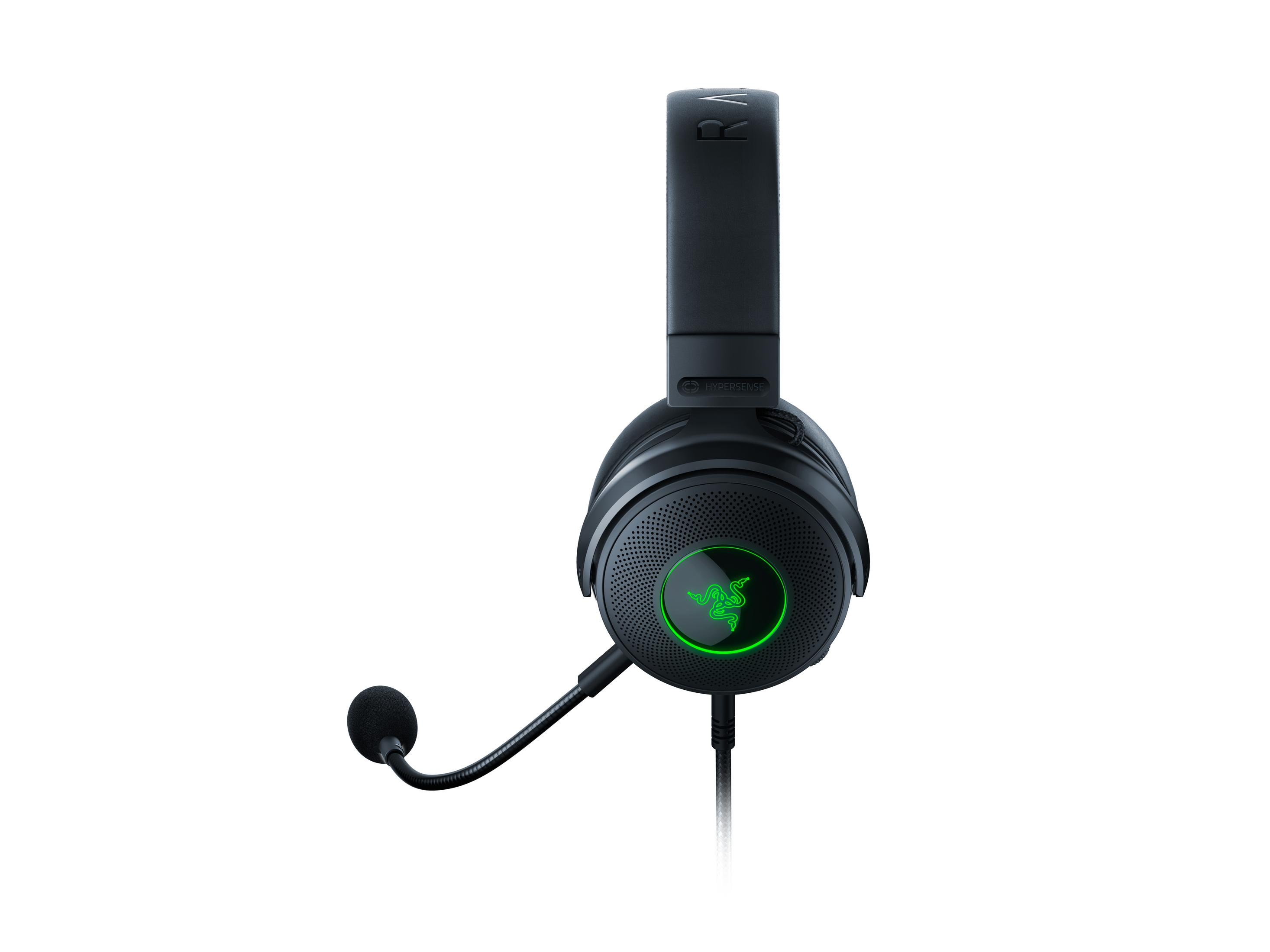 Schwarzes Gaming-Headset mit Mikrofon und grünem Logo.