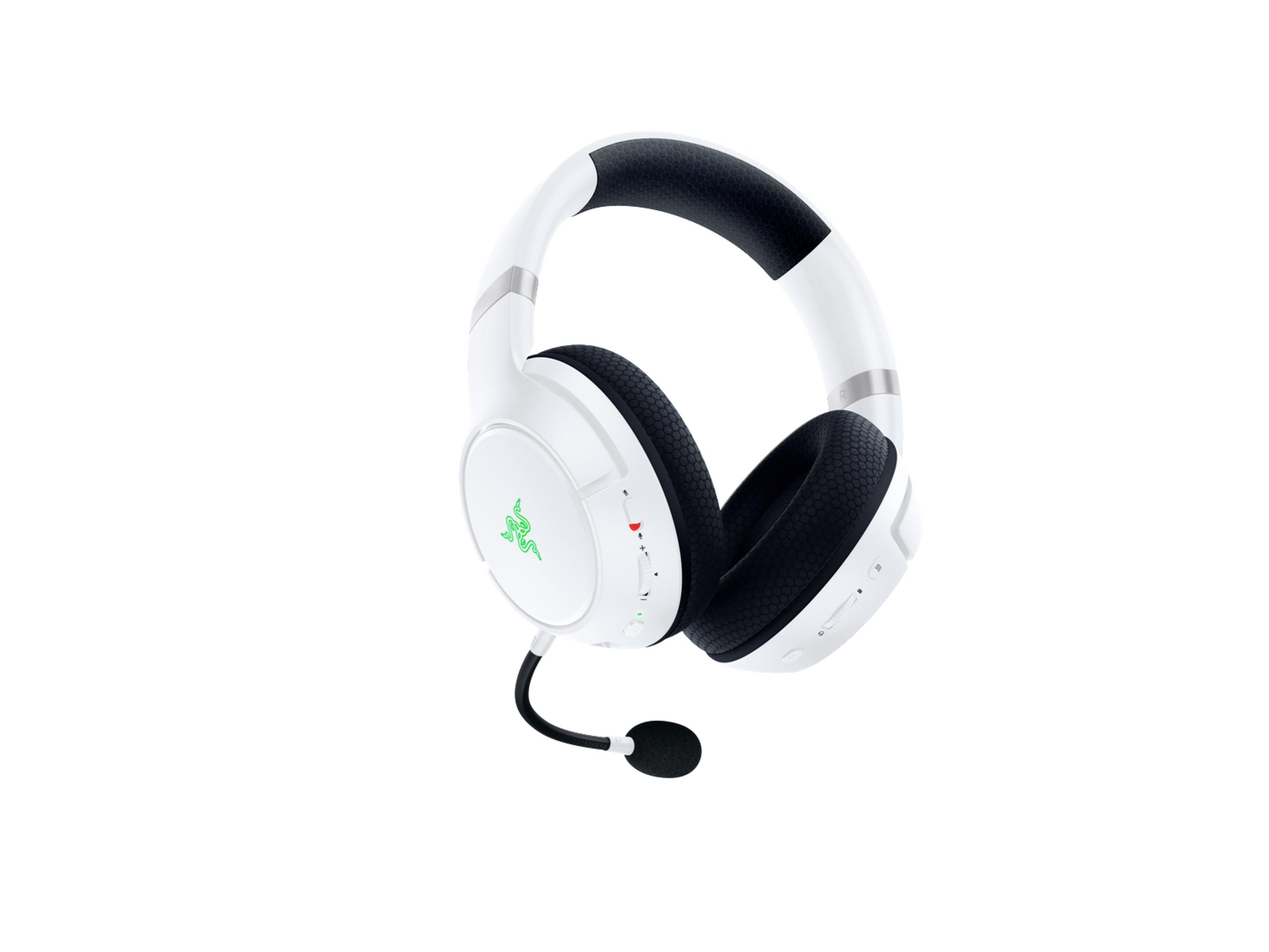 Weiße Gaming-Kopfhörer mit schwarzen Ohrpolstern und Mikrofon. Razer-Logo sichtbar.