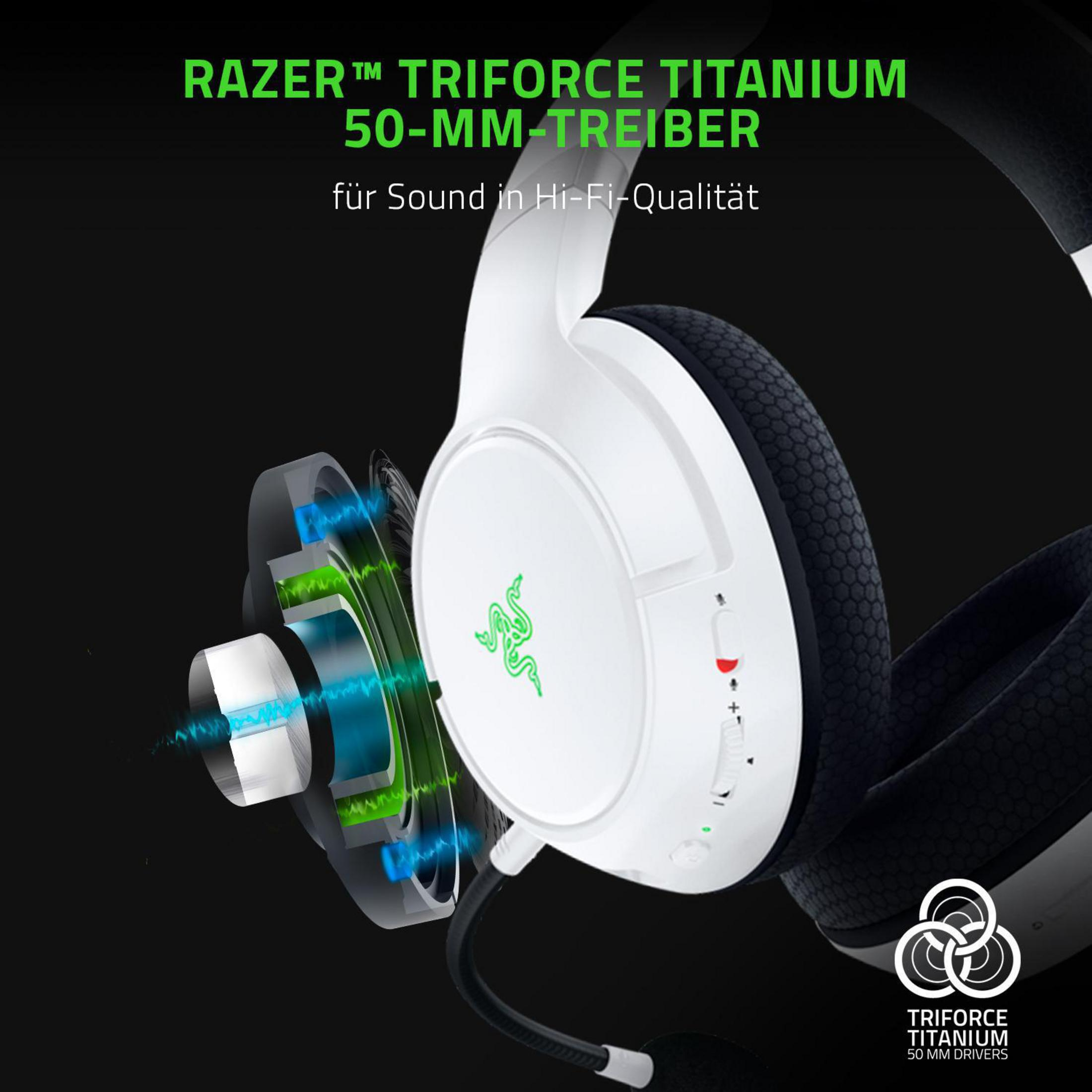 Weiße Razer-Kopfhörer mit grünem Logo und Innenansicht mit Treibern und Komponenten.