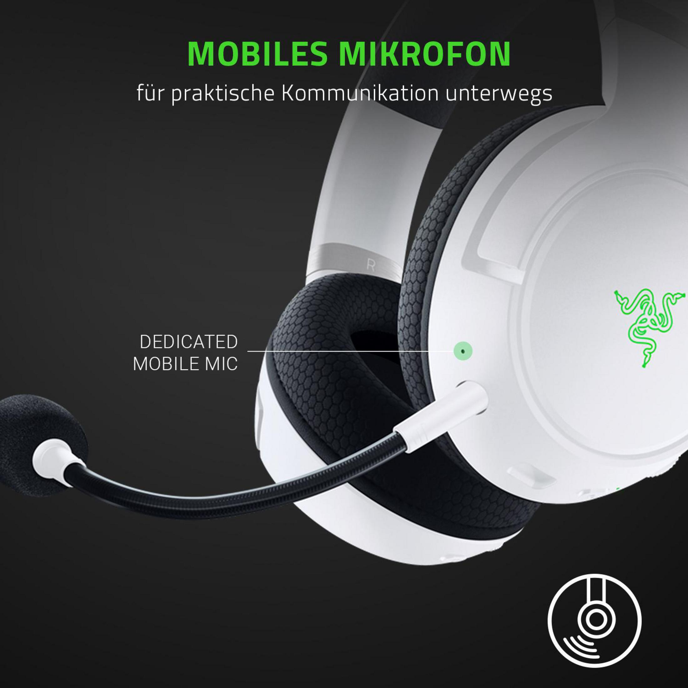 Weißes Gaming-Headset mit schwarzem Mikrofon.