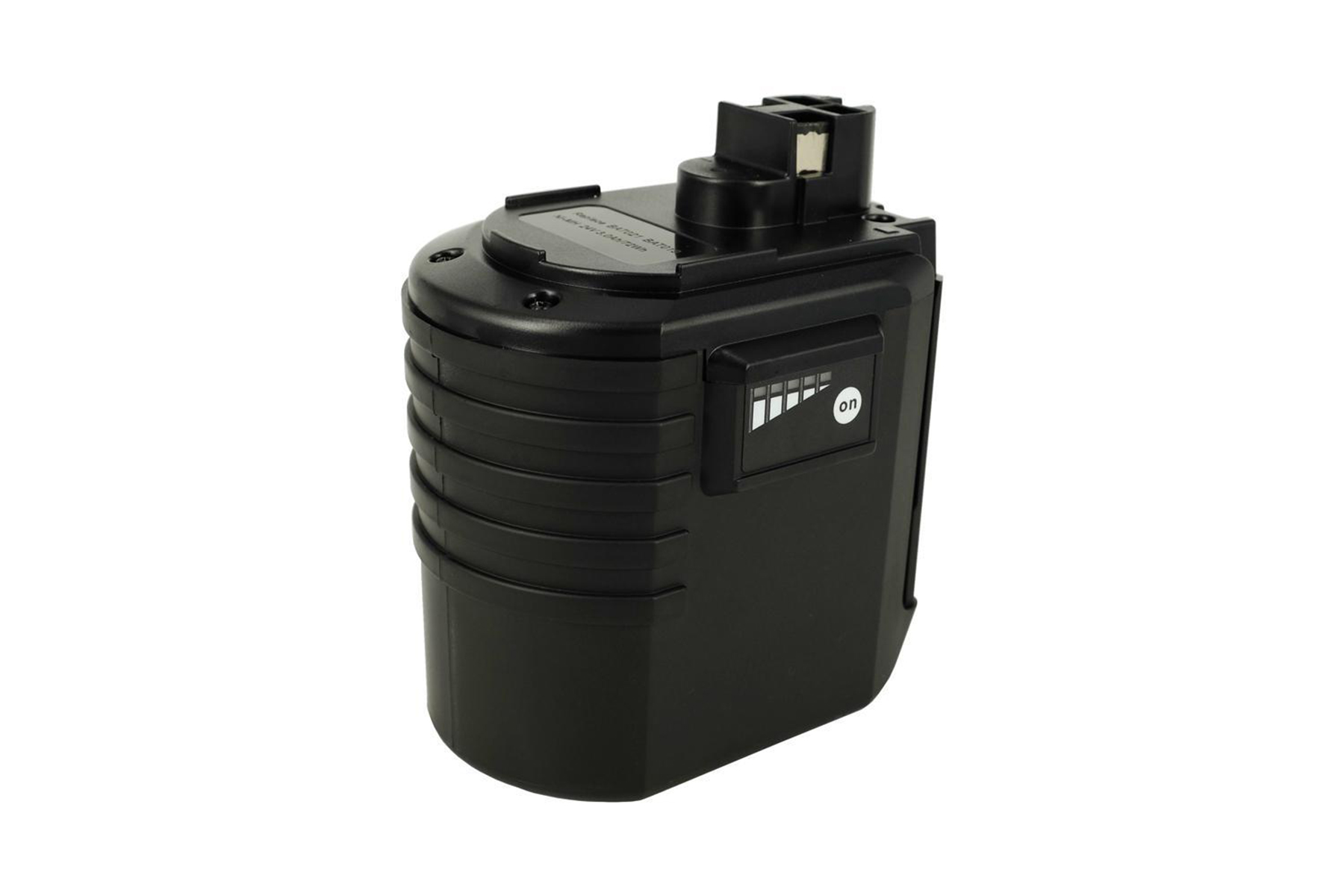 Pacco batteria nero con indicatore di livello di carica e la parola "ON". Sfondo bianco.