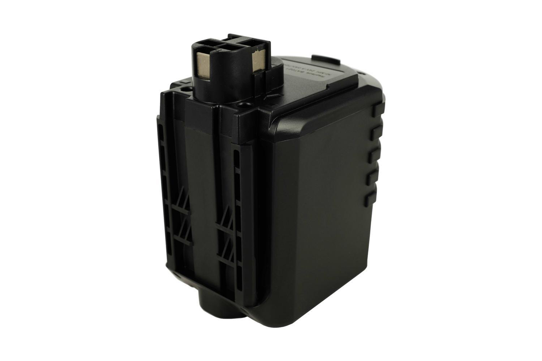Pacco batteria nero, forma rettangolare, con alcune scanalature sui lati.