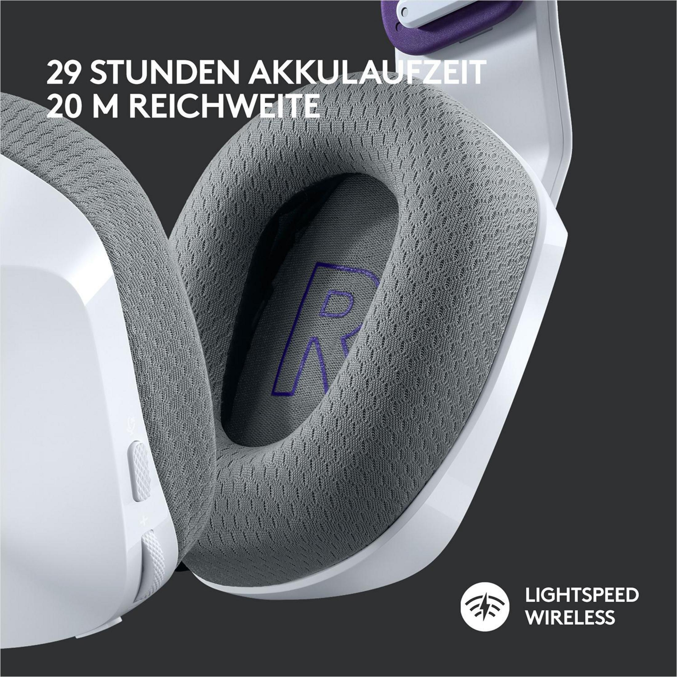 Witte en grijze draadloze koptelefoon. Tekst: 29 uur batterijduur. 20 m bereik. Lightspeed Wireless logo.