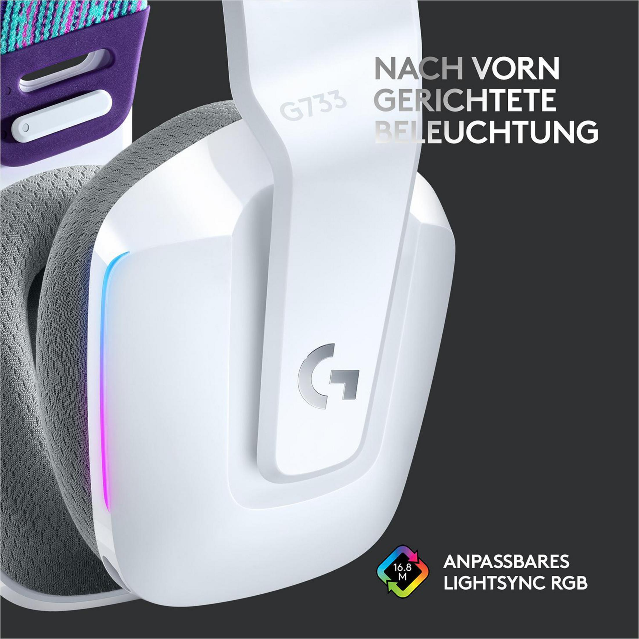 Witte gamingheadset met de tekst 'G733' en 'NACH VORN GERICHTETE BELEUCHTUNG'.