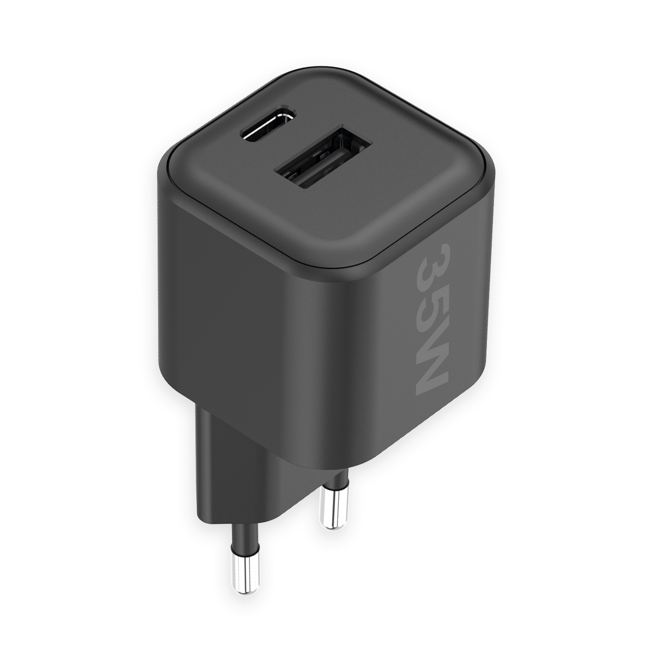 Schwarzes 35-W-Ladegerät mit USB- und USB-C-Anschlüssen. Weißer Hintergrund.