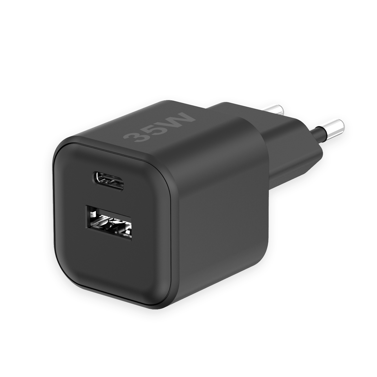 Ein schwarzes 35W USB-Ladegerät mit einem USB-C- und einem USB-Anschluss. Es hat ein kompaktes, rechteckiges Design.