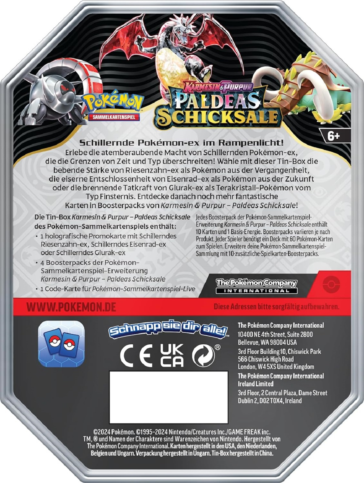 Eine Dose mit Pokémon-Motiv, mit einem Drachen und Text auf Deutsch.