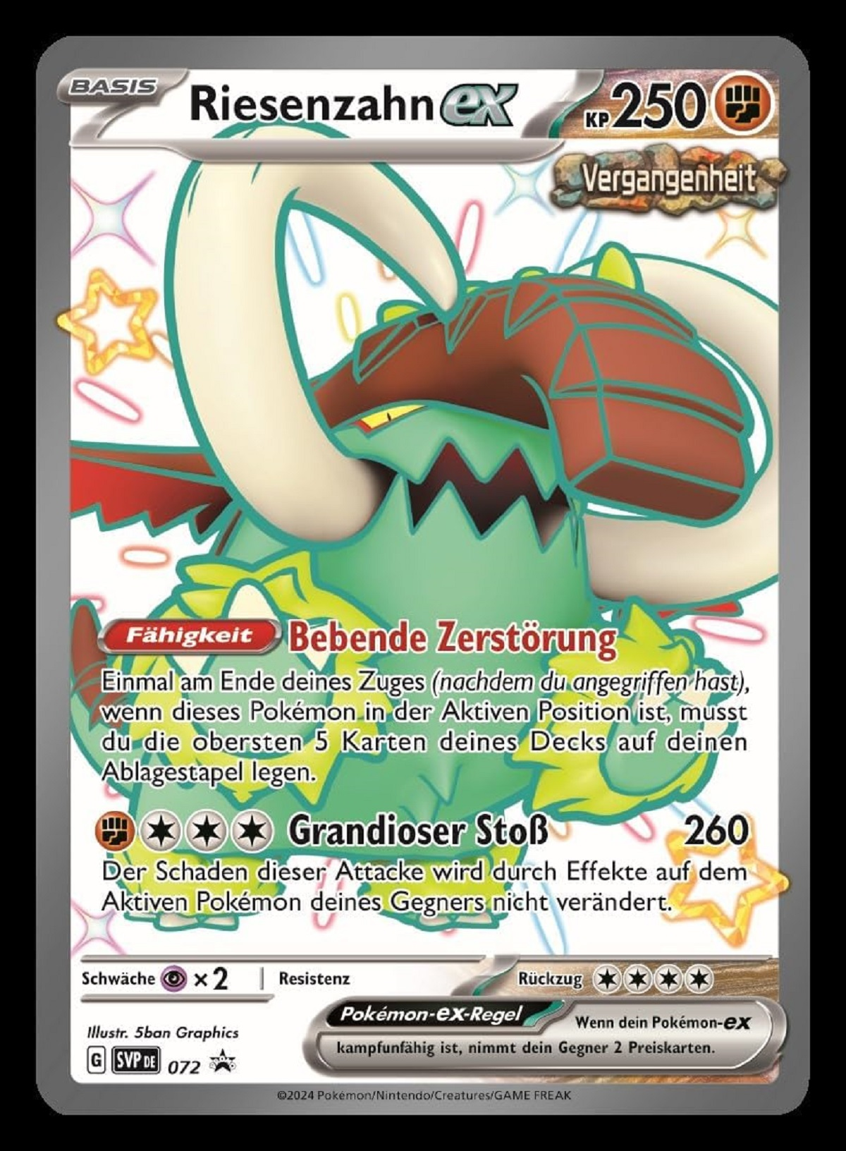 Eine Pokémon-Karte mit einem grünen Monster, weißen Stoßzähnen, deutschem Text und Hintergrund.