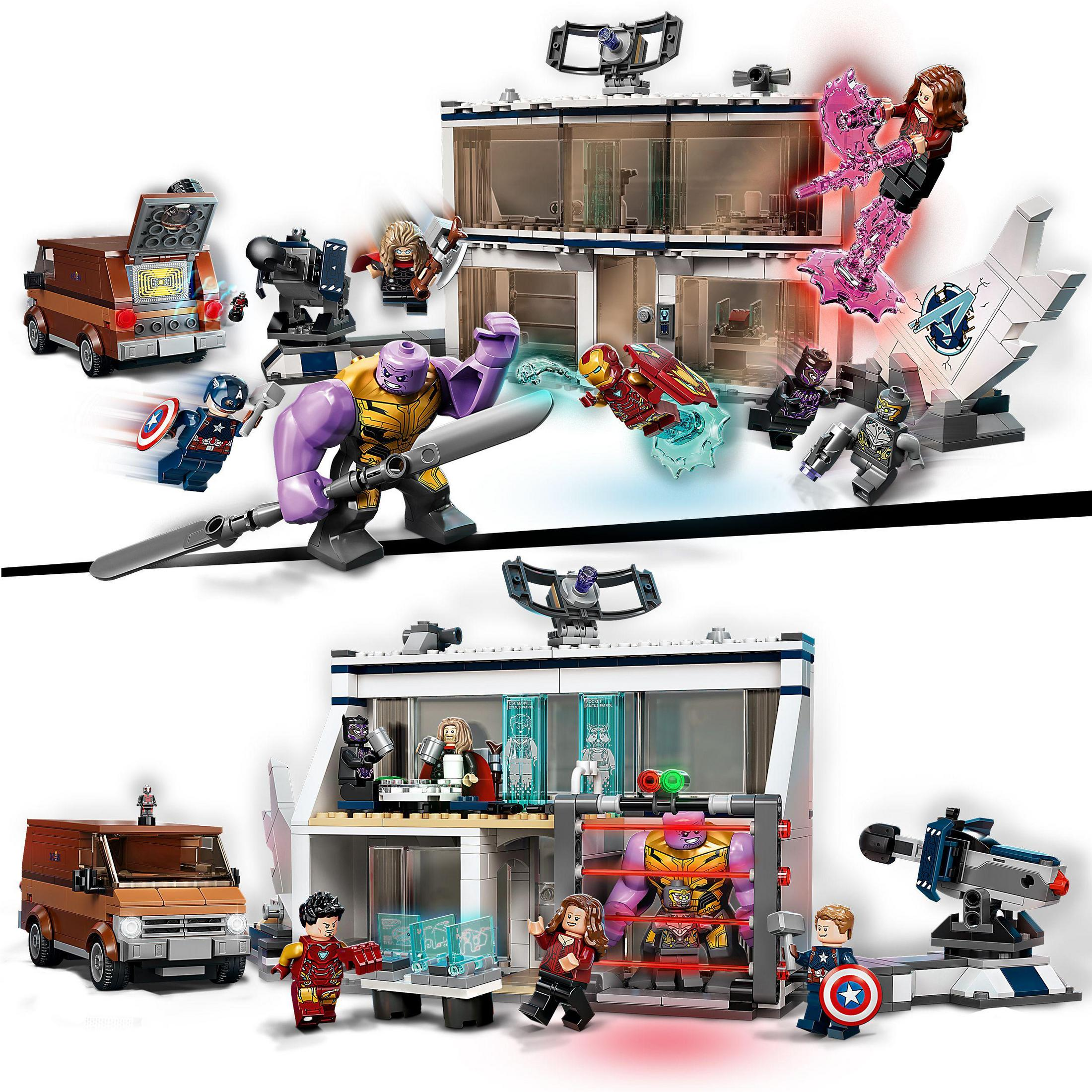 Set Lego. I Vendicatori combattono contro Thanos e il suo esercito in un edificio.