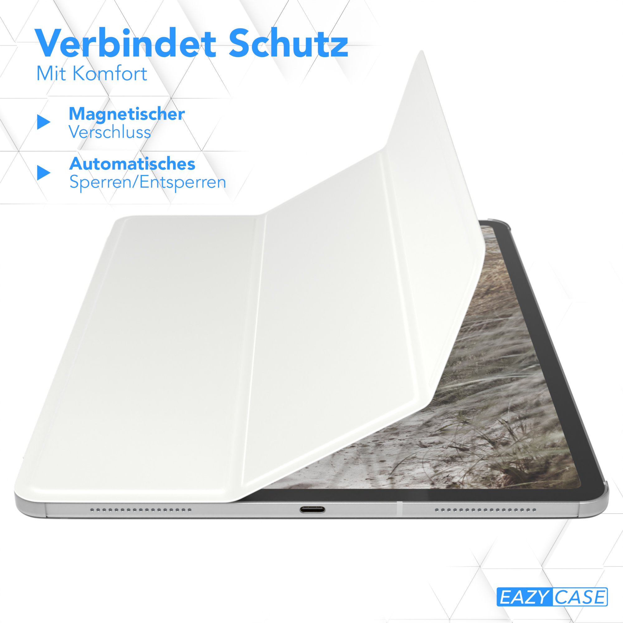 Weiße Tablet-Hülle mit Magnetverschluss und automatischen Öffnungs-/Schließfunktionen.