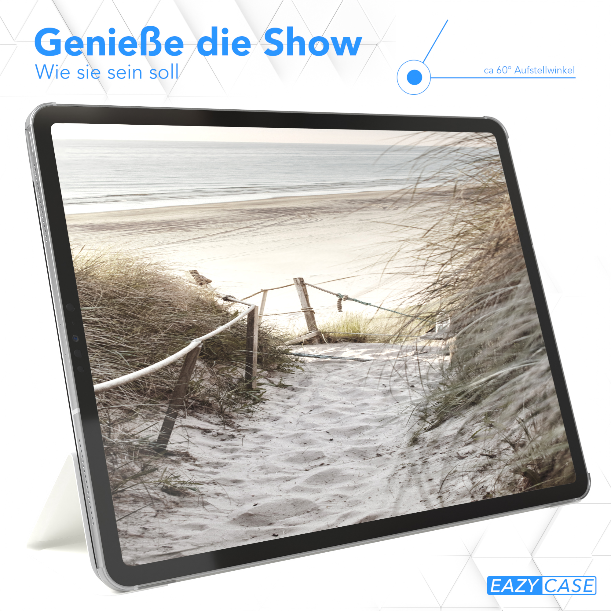 Tablet in einem Gehäuse, das eine Strandszene zeigt. Das Tablet ist angewinkelt.