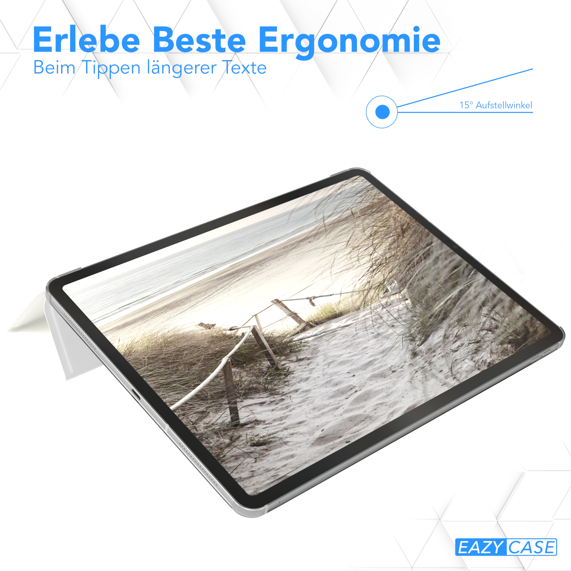 Ein Tablet mit einer Strandszene auf dem Bildschirm, nach oben abgewinkelt, mit Text über Ergonomie und ein Case.