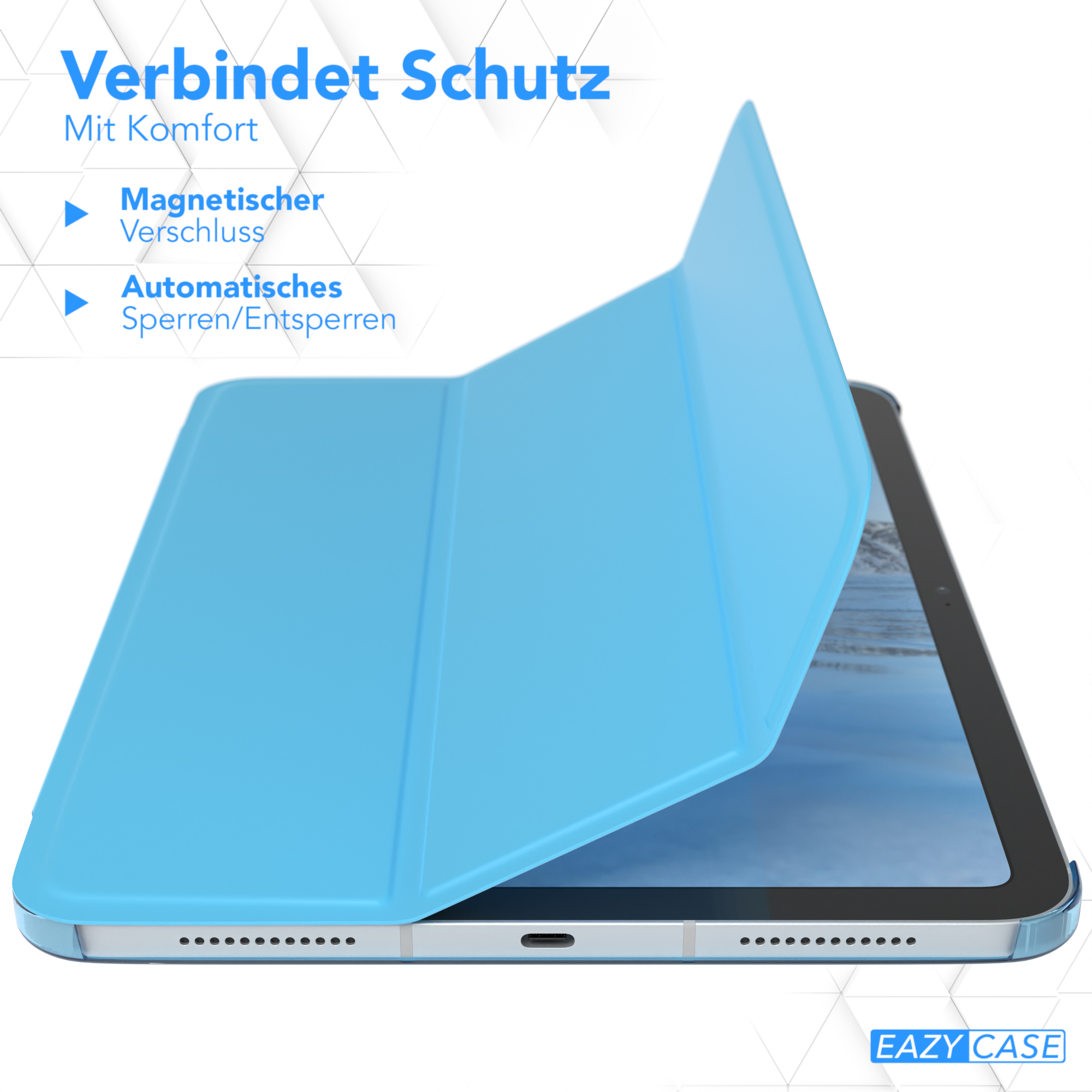 Blaue Tablethülle mit Tablet darin.