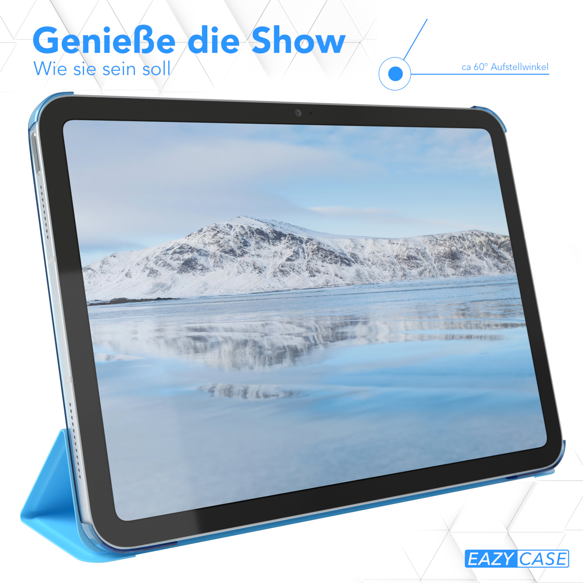 Tablet mit blauem Cover, das eine Winterlandschaft zeigt, Text auf Deutsch.