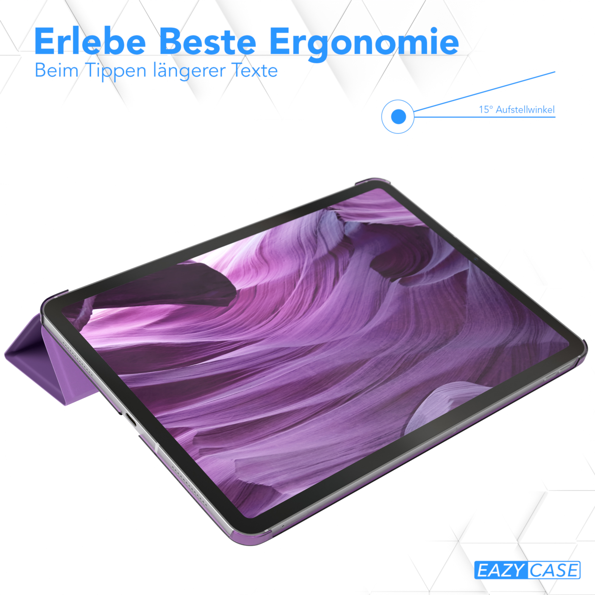 Tablet mit lila Hülle; Text oben. Winkel von 15 Grad. Text: Erlebe Beste Ergonomie Beim Tippen längerer Texte.