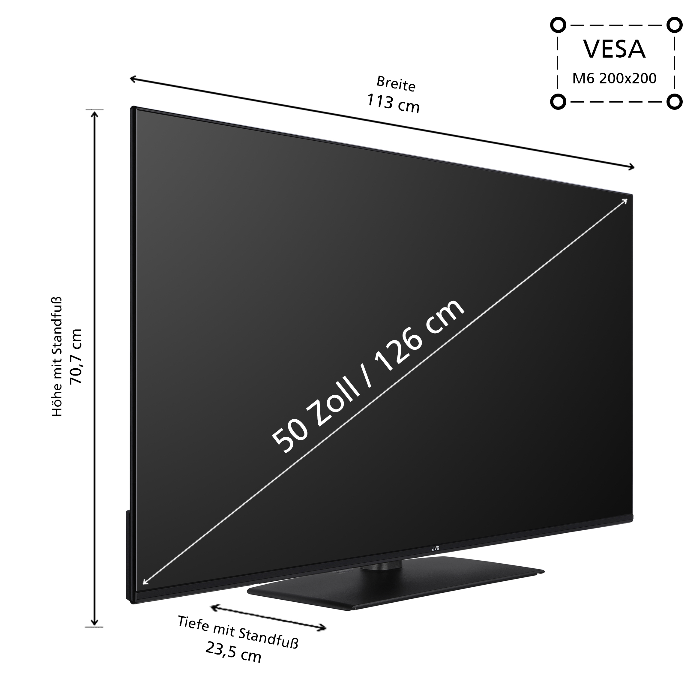 Ein großer schwarzer Fernseher mit Abmessungen und VESA-Spezifikationen. Er steht auf einem schwarzen Ständer.