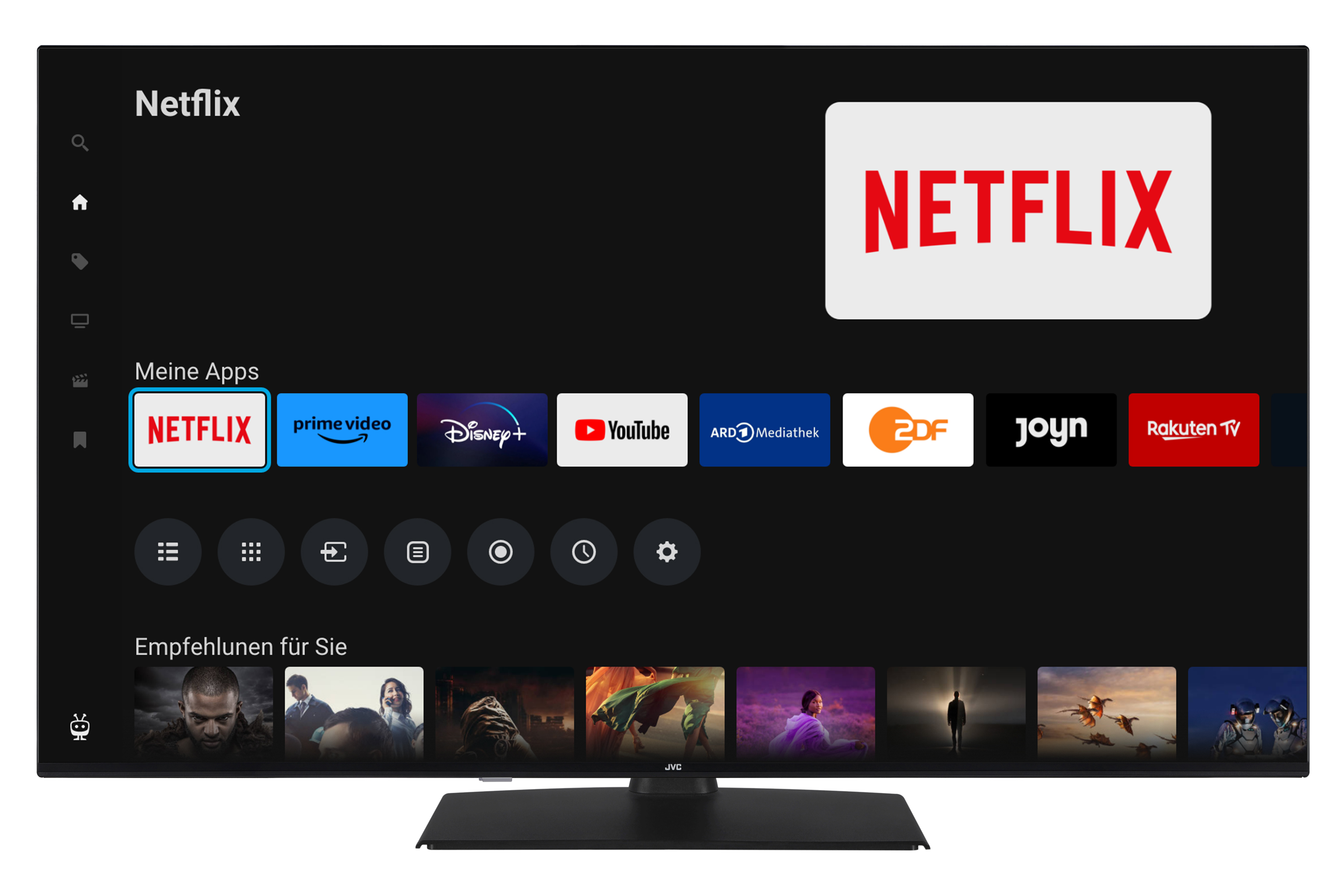 Ein Fernsehbildschirm, der die Netflix-App zeigt. Es gibt App-Symbole für andere Streaming-Dienste.